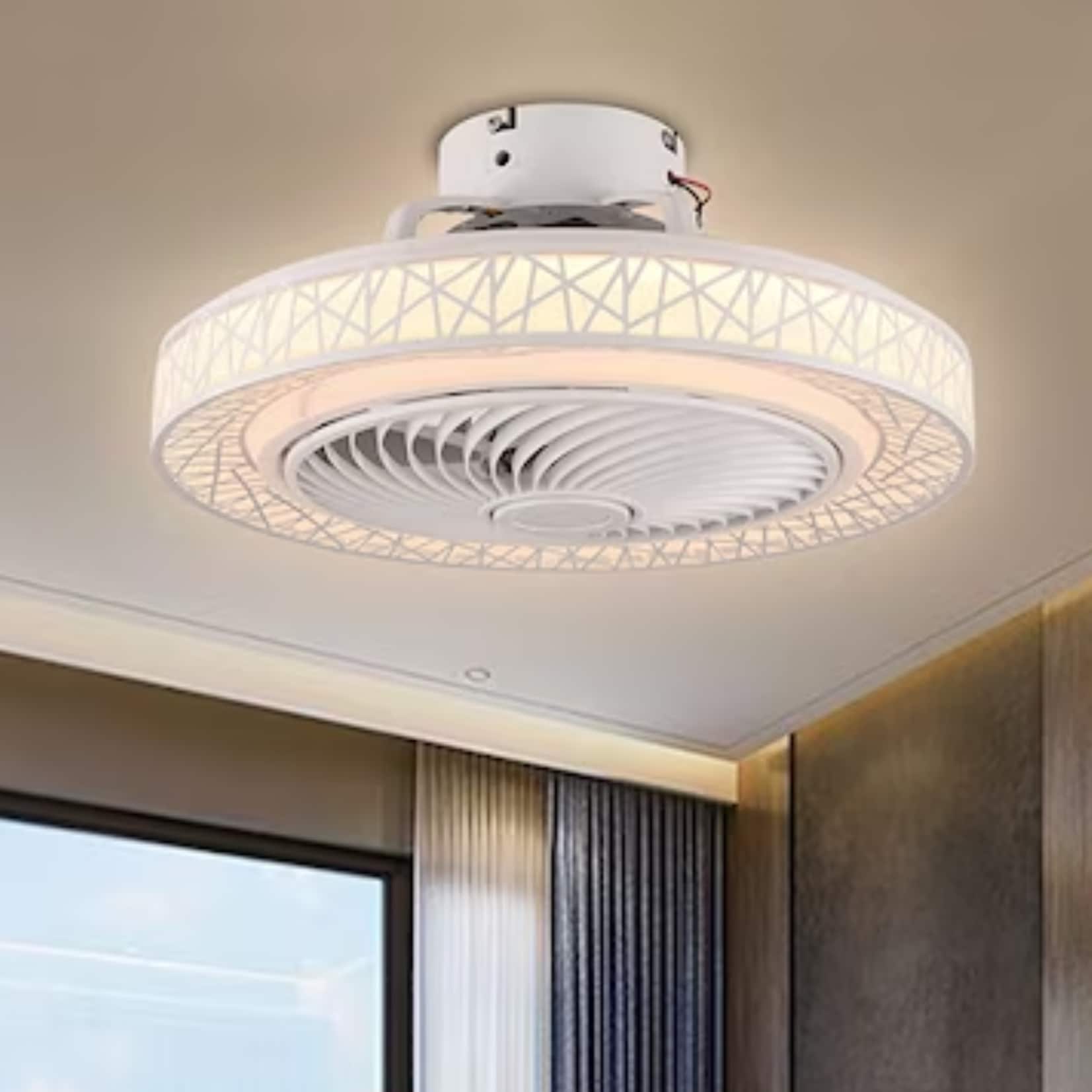 Oukaning HG-HCXLST-5069-US # 18.5-in Color-Changing Flush Mount Nest Pattern Daimmabel Reverse with ABS Blades Ceiling Fan With Light - Remote Included ( 5 -Blade )