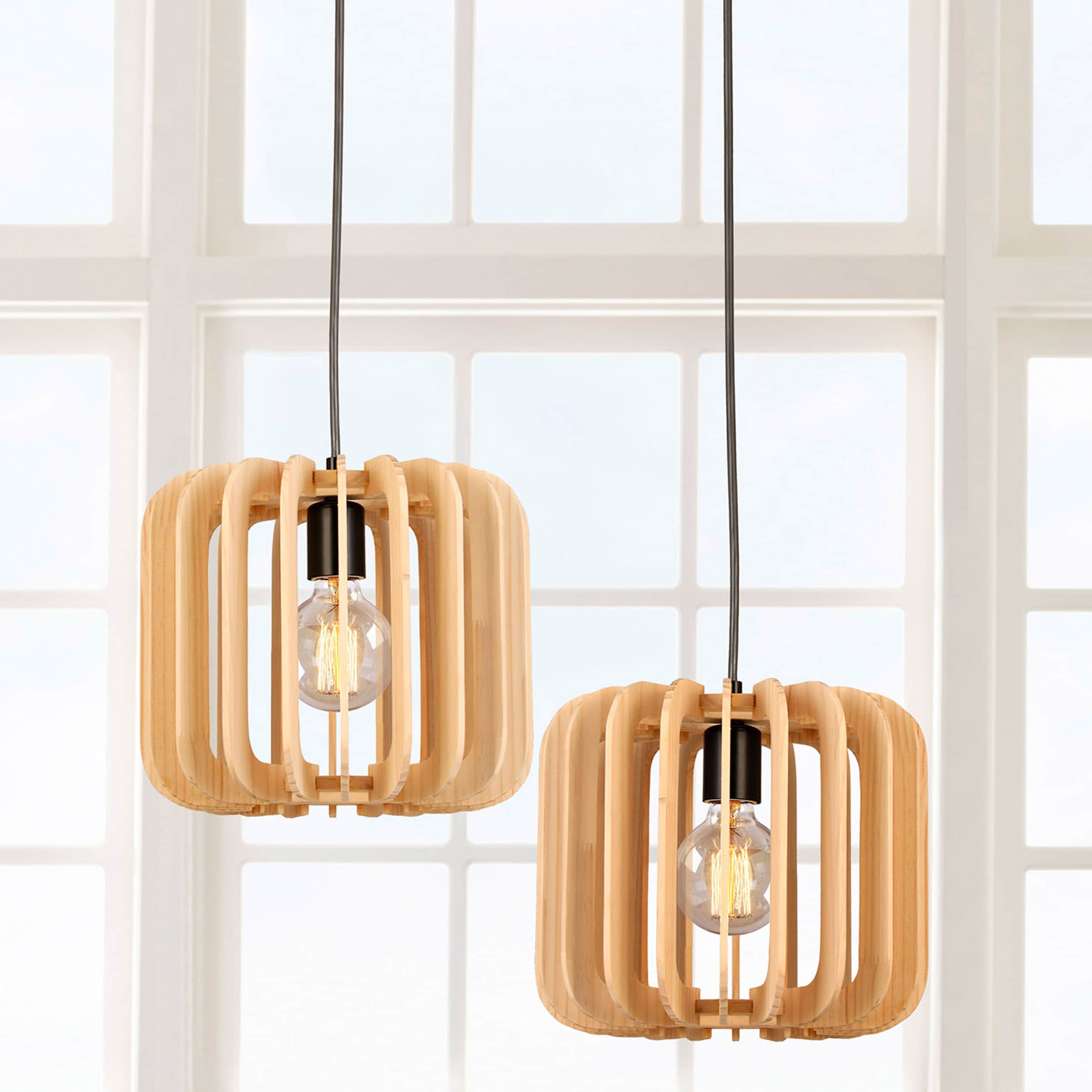 allen + roth KIJ4991A Drew 1 -Light Black Canopy With Natural Wood Shade Traditional Drum Medium Hanging Pendant light