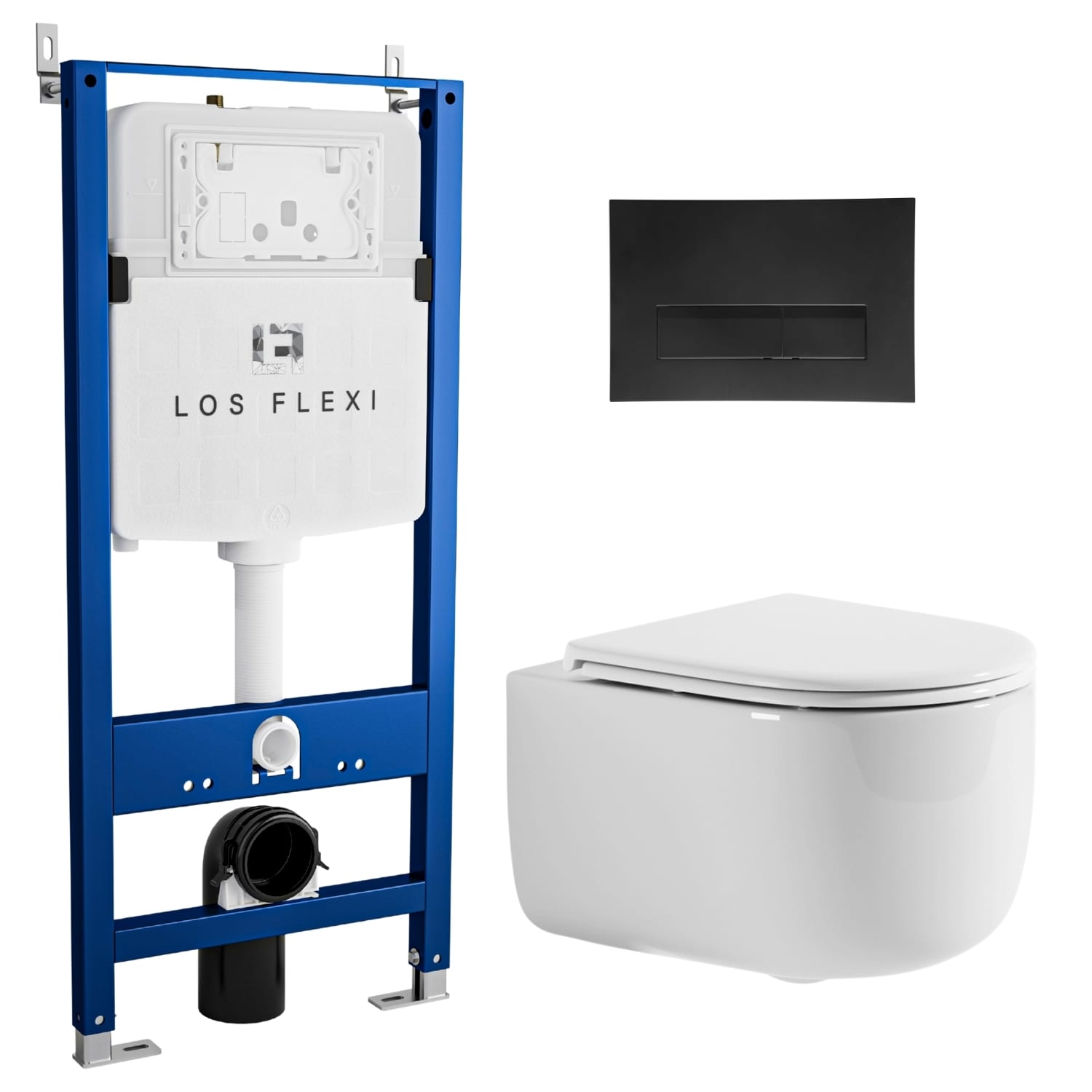 Los Flexi White Round Custom height Wall-hung Rough-In 1.6 GPF Dual Flush Soft Close 1-piece Toilet