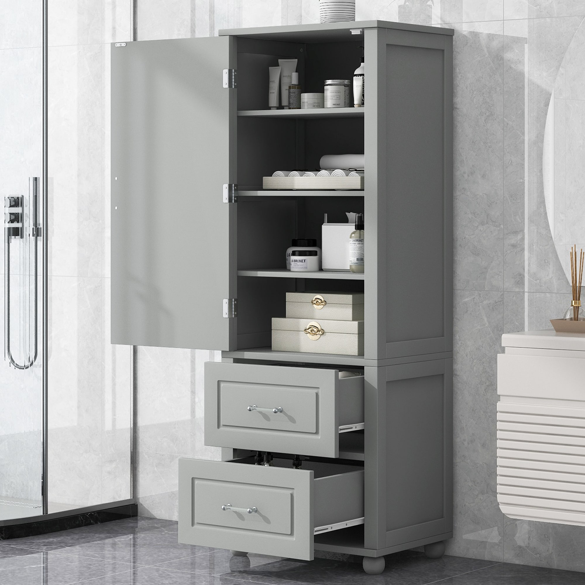 LUXEYARD Tall Bathroom Storage Cabinet Freestanding Storage Cabinet with Two Drawers and Adjustable Shelf MDF Board with Painted Finish Grey