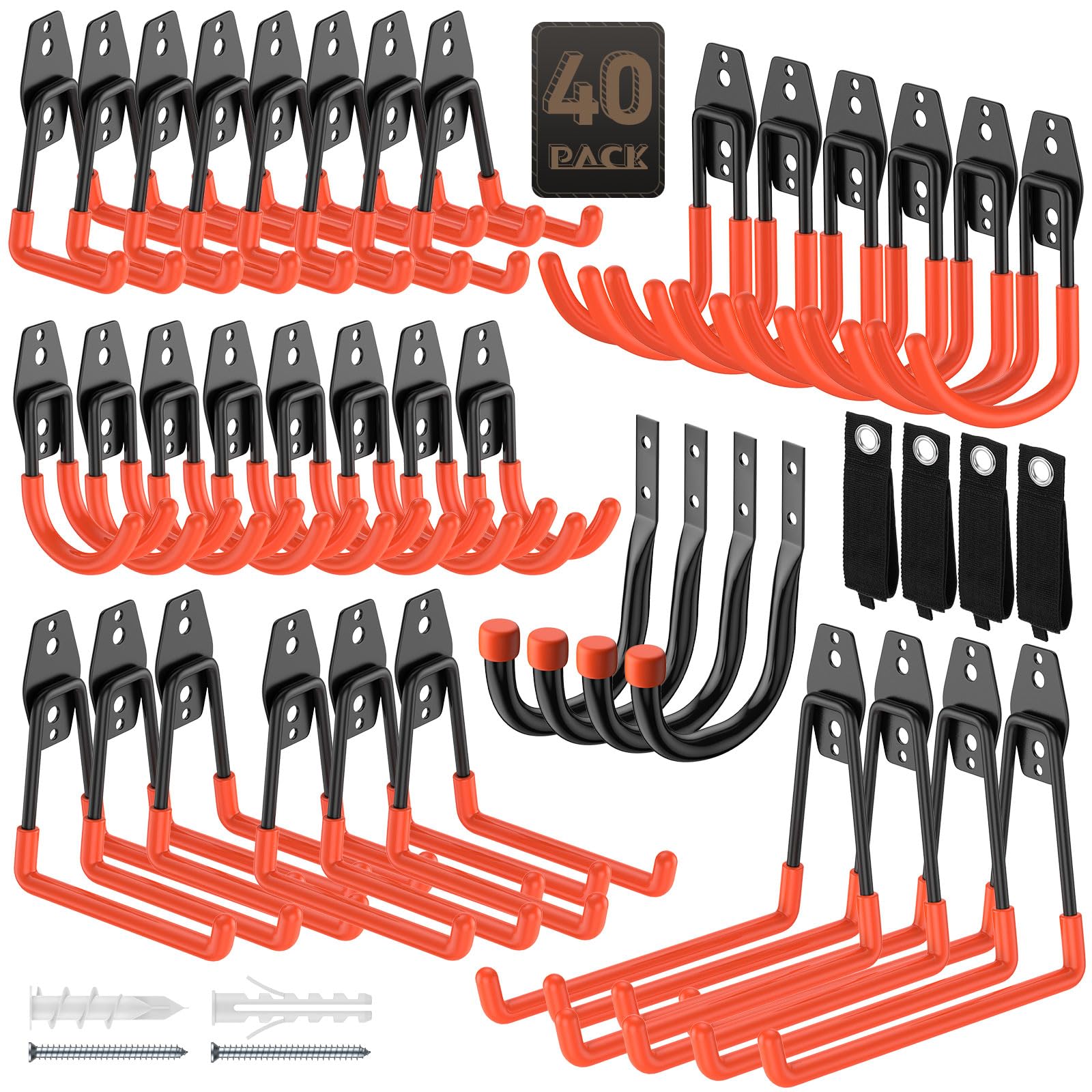 MOEPISY 40 Pack Heavy Duty Garage Hooks Steel Wall Mount Storage Hooks with PVC Coating Multiple Hook Types and Extension Cord Organizers for Bikes Ladders Hoses Tools and Workshop Storage
