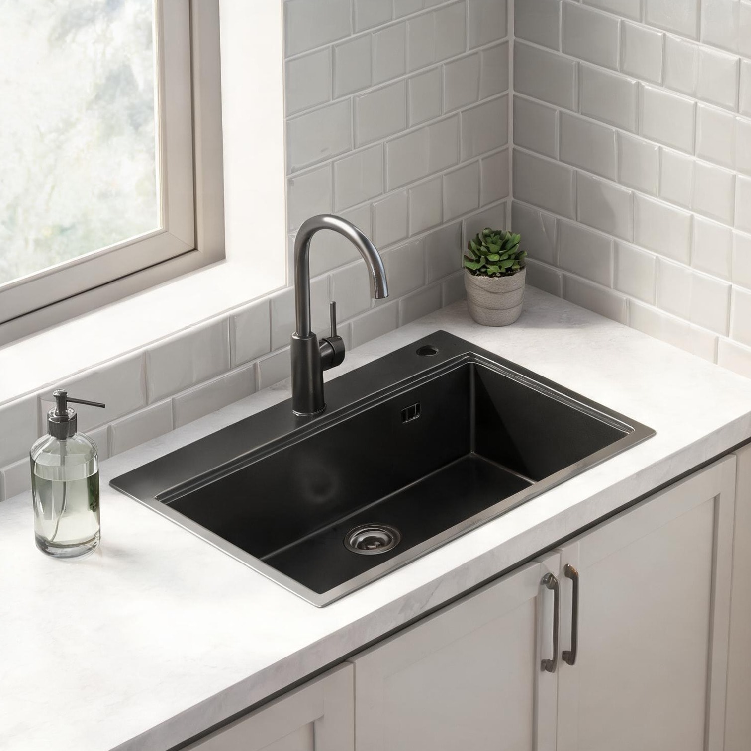 Naturefalls 33-Inch Single Bowl Top-Mount Kitchen Sink with Cutting Board and Colander Black-Toned Stainless Steel