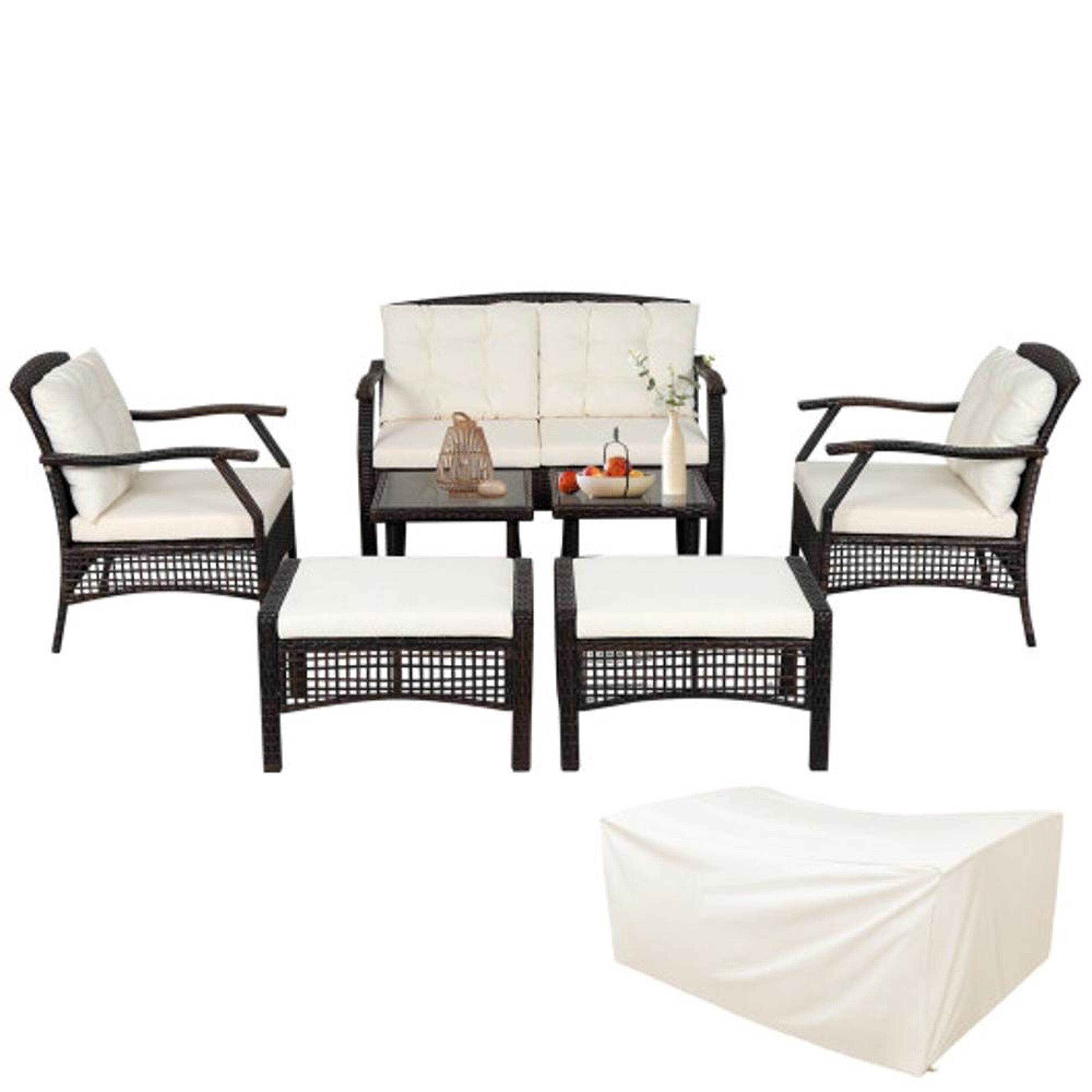 BABOOM BOM-69345+-CO 7 -Piece Rattan Patio Conversation Set with Off-white Cushions