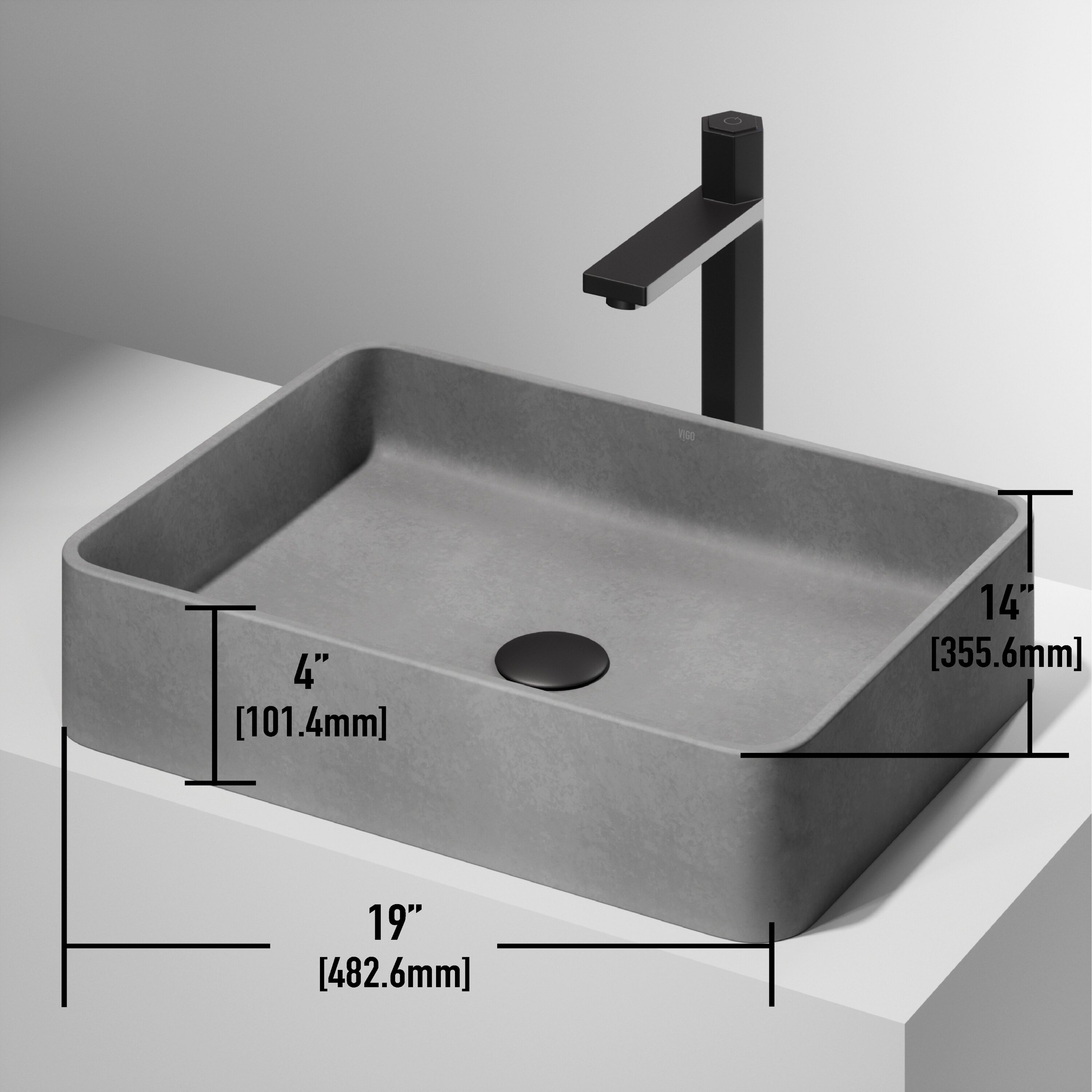 Gray Concrete Rectangular Vessel Bathroom Sink, 19" x 14"