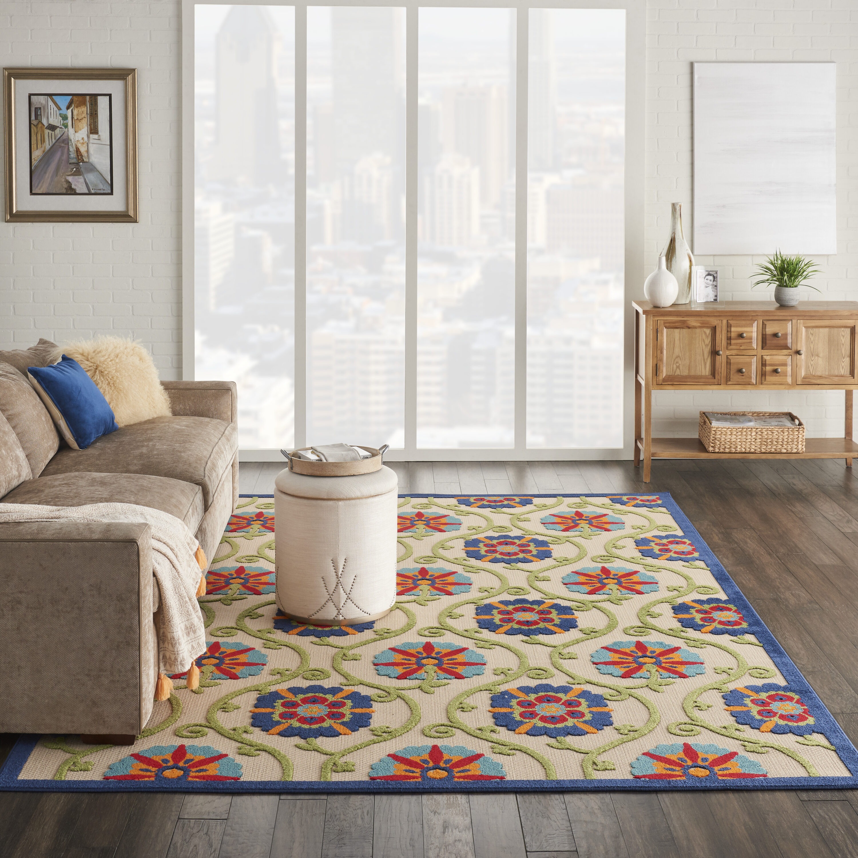 Nourison 99446762047 Aloha 10 x 13 (ft) Loomed Polypropylene Blue/Multicolor Rectangular Indoor/Outdoor Floral/Botanical Coastal Area rug