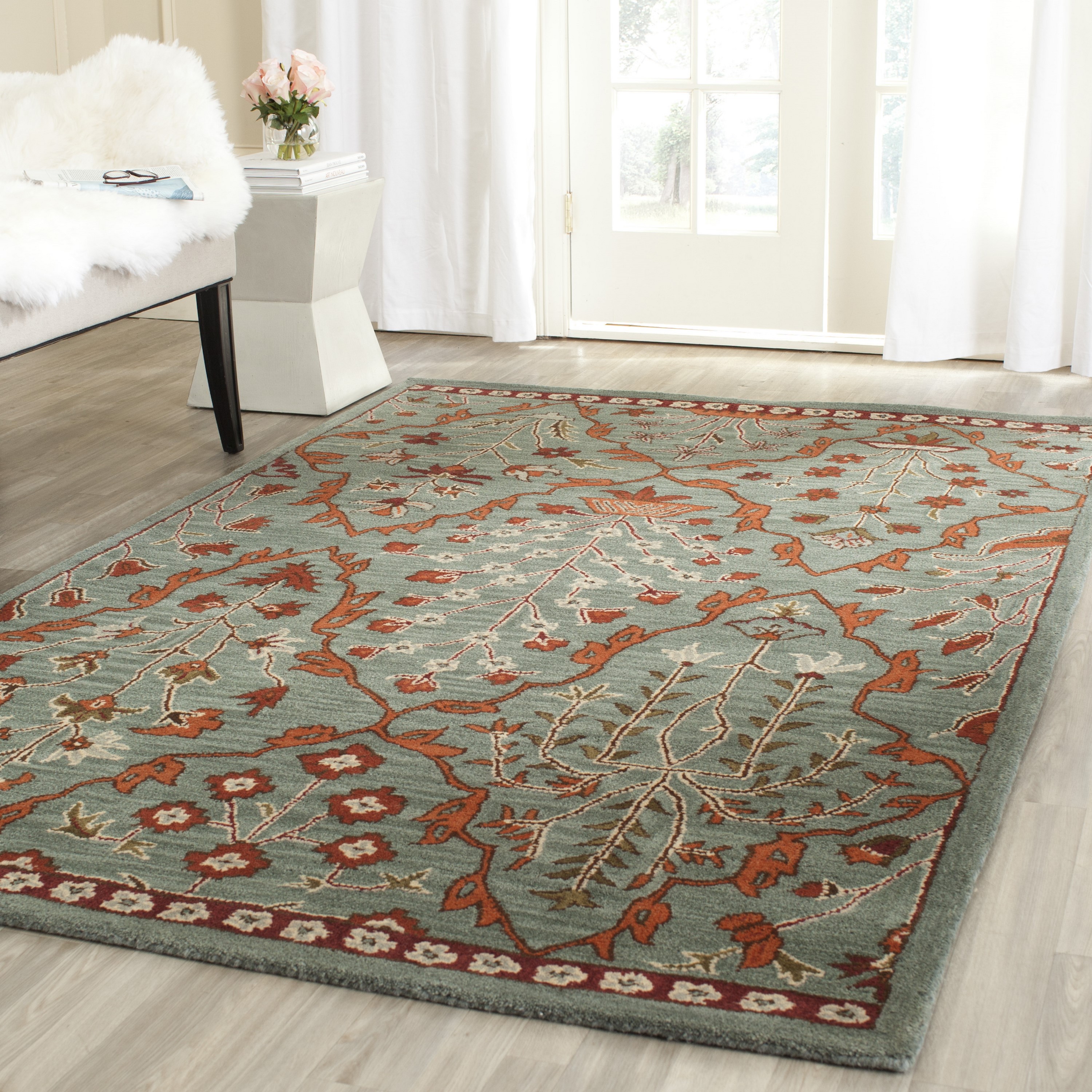 Handmade Wyndham Floral Geometric Blue Wool Area Rug 9' x 12'