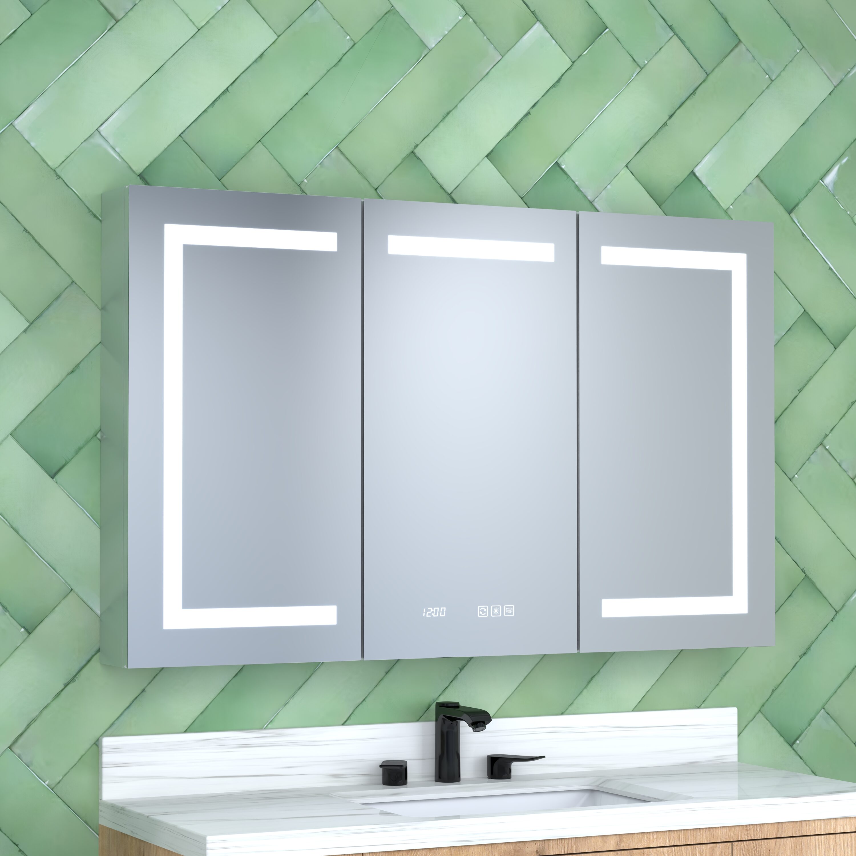 Ayelon 48-in x 30-in Lighted LED Fog Free Surface/Recessed Mount Silver Mirrored Rectangle Soft Close Medicine Cabinet with Outlet