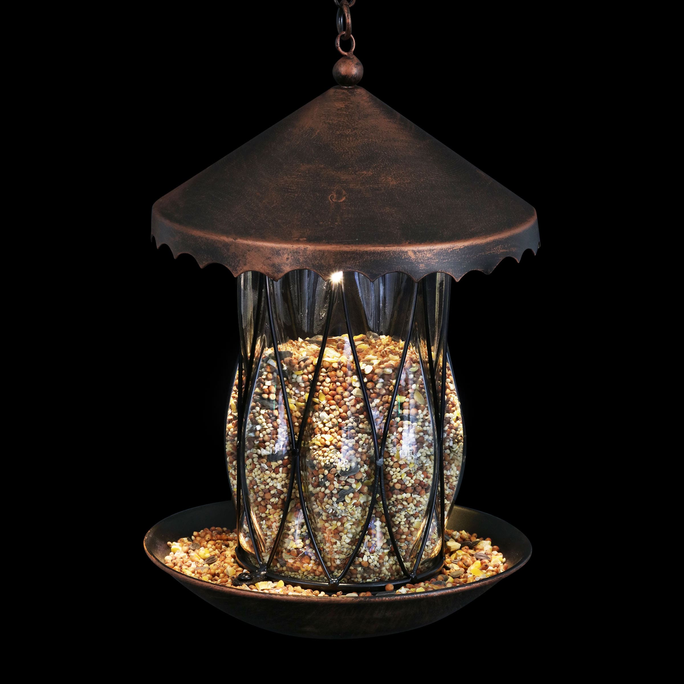 Solar Bronze Hanging Bird Feeder with Diamond Glass Pattern
