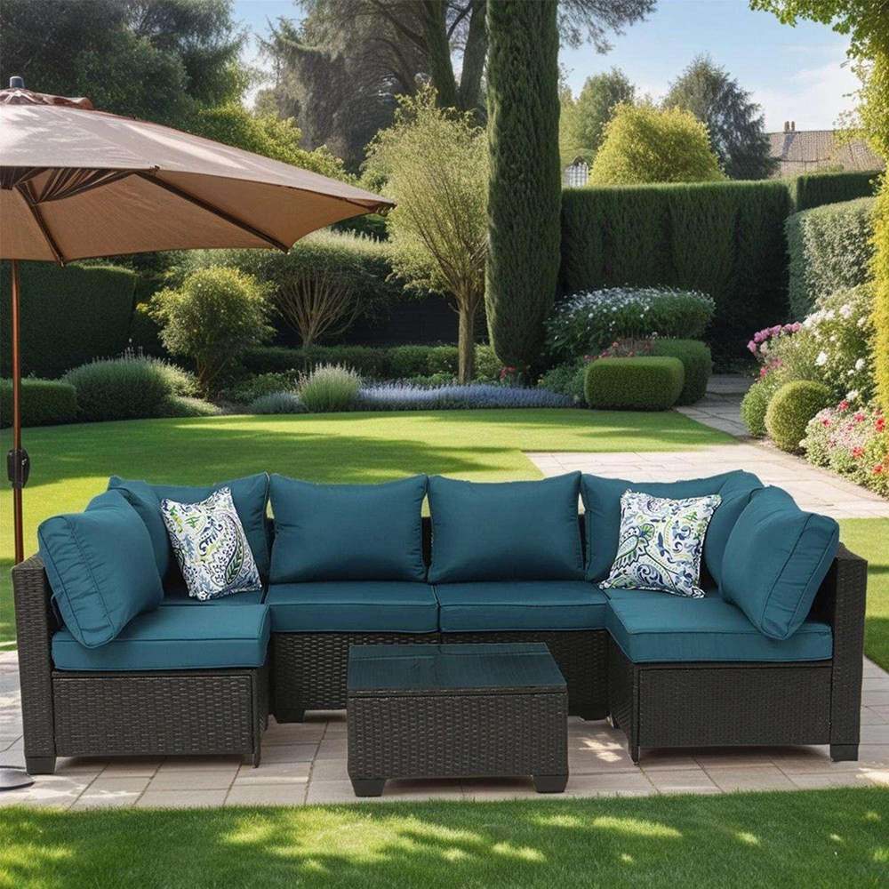 Runesay HBPATI2-17 Patio Sectional Sofa Set Wicker Outdoor Sectional with Blue Cushions and Wicker Frame