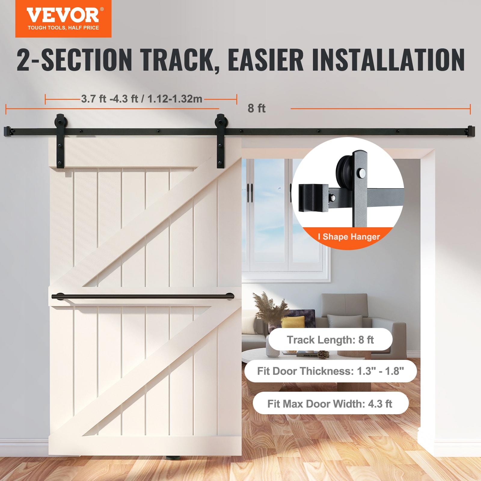 Black Steel Sliding Barn Door Hardware Kit for Double Doors