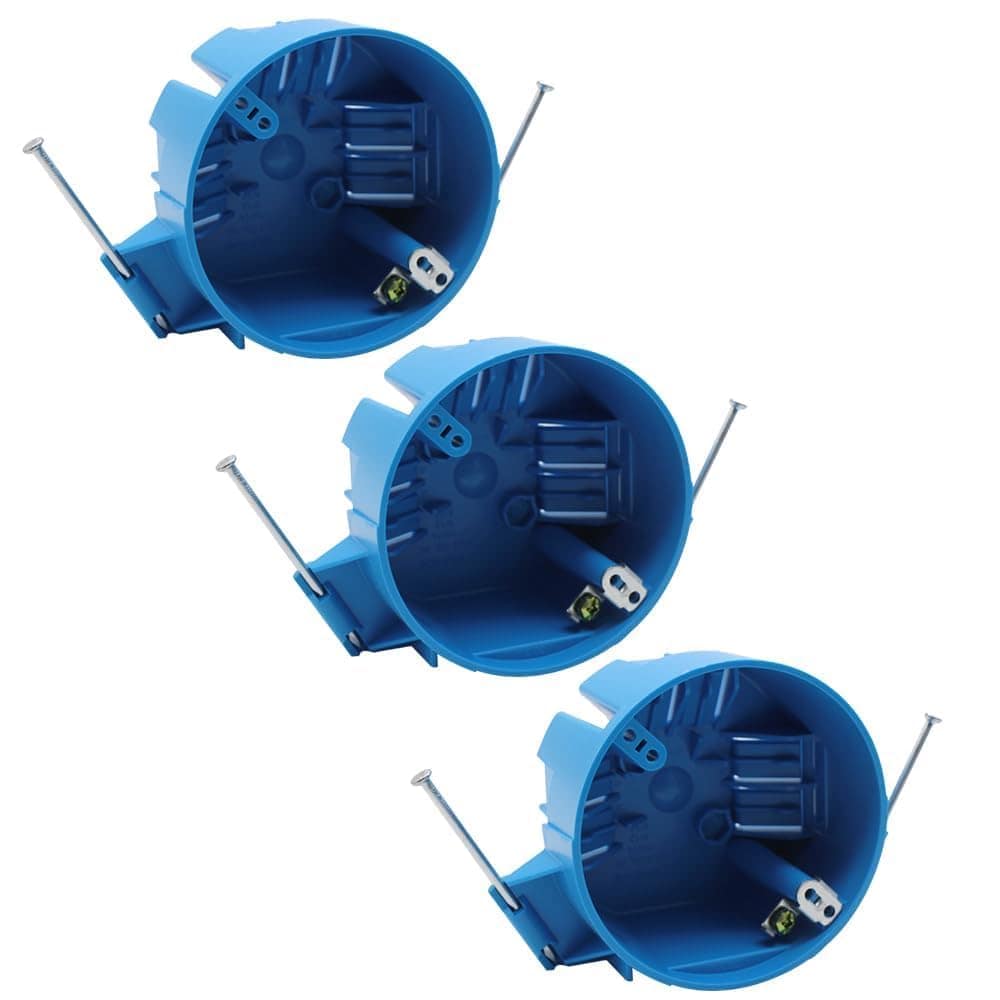 Oyezvary  20 Cubic Inch 1 Gang New Work Round Ceiling Electrical Box Nail On Non Metallic Box with Grounding Lug and Screw Blue Pack of 3