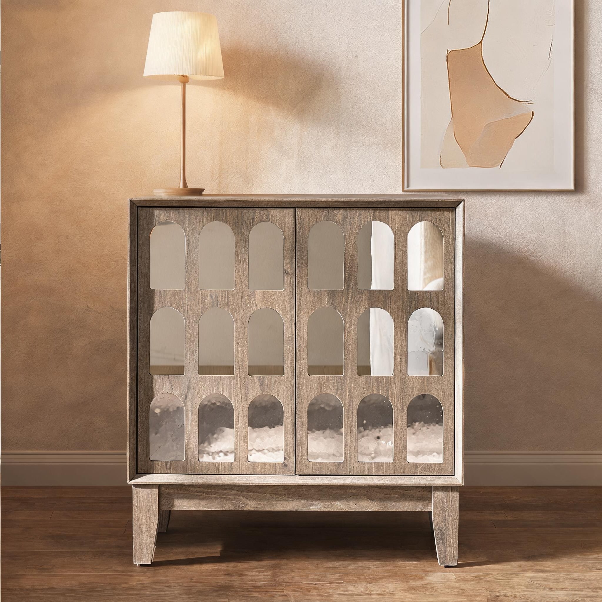Watnature - Mid-Century Modern Storage Sideboard with Mirrored Doors 23.4 x 15.8 x 32 Inches Boho...