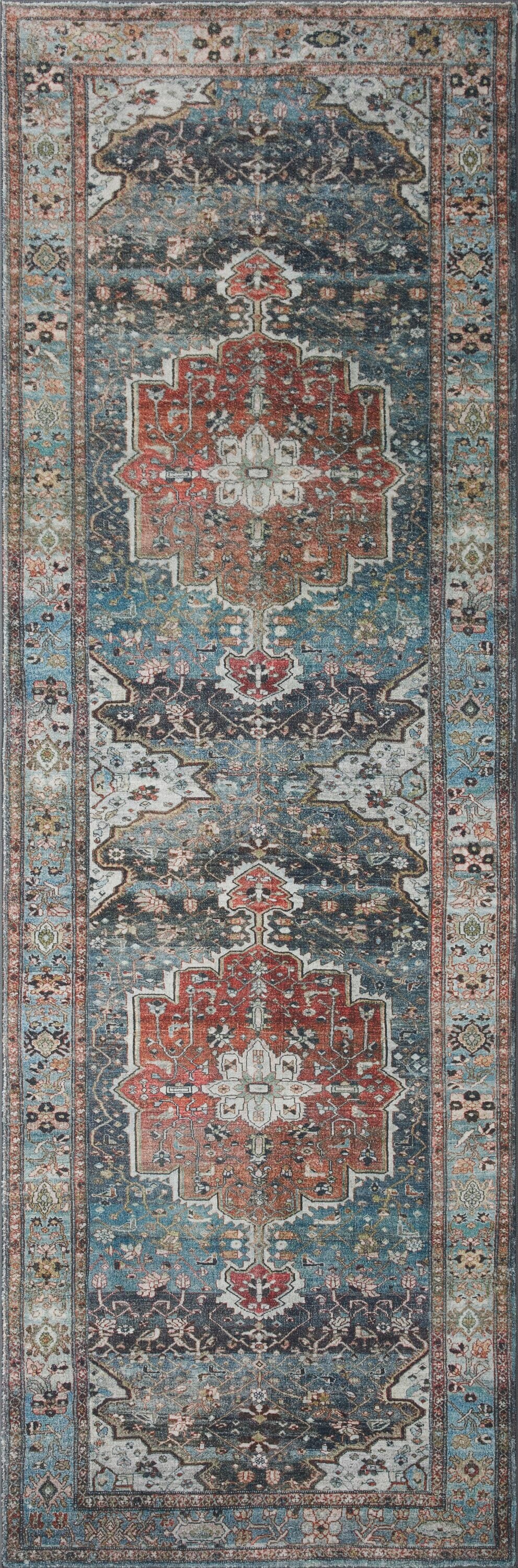 Loloi II MARGMAT-05OCBK26B6 Margot 3 x 12 (ft) Loomed Polyester OCEAN / BRICK Rectangular Indoor Distressed/Overdyed Persian Runner rug