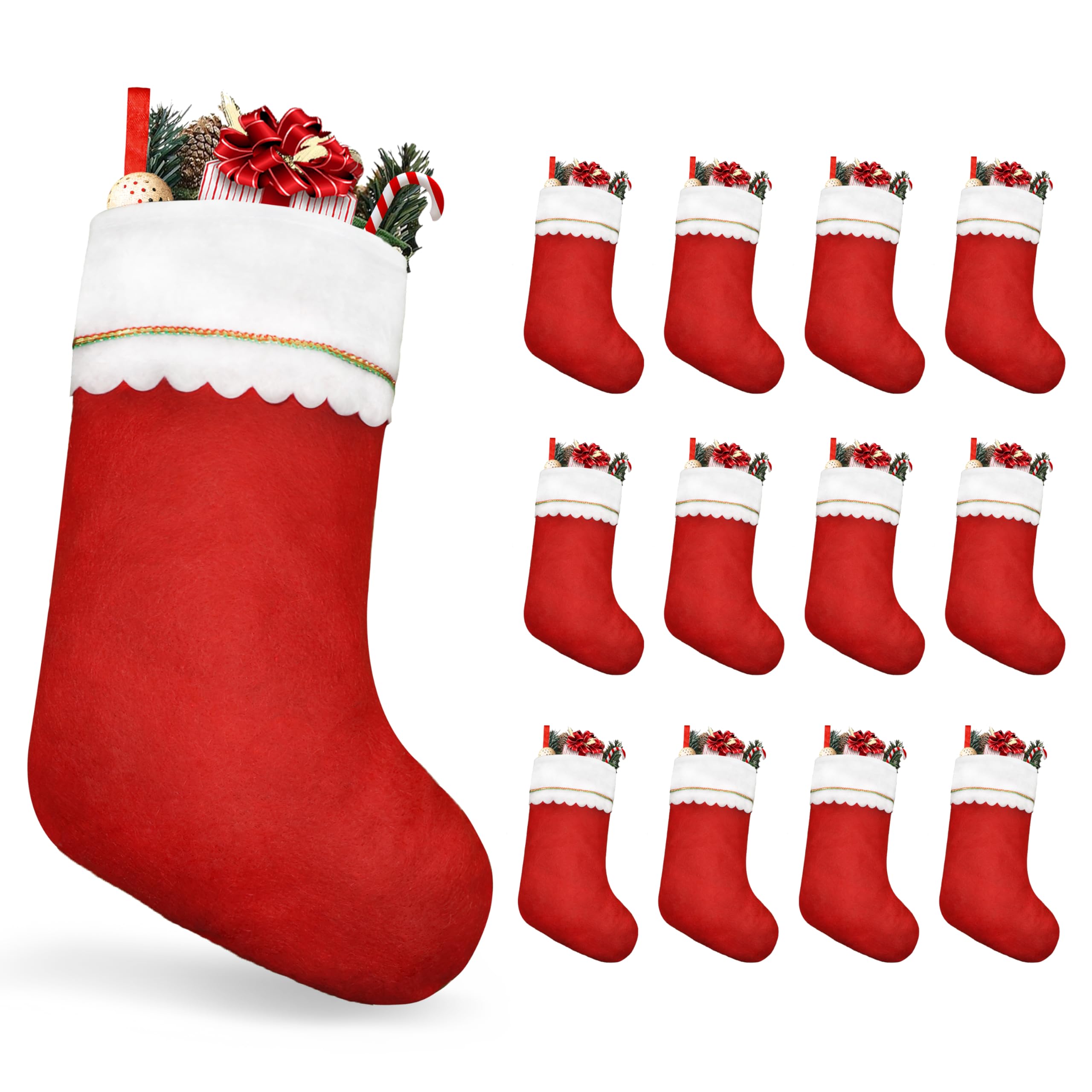 Etokfoks  12 pack 19 in traditional red and white non woven Christmas stockings bulk with gold trim for fireplace staircase and tree decor