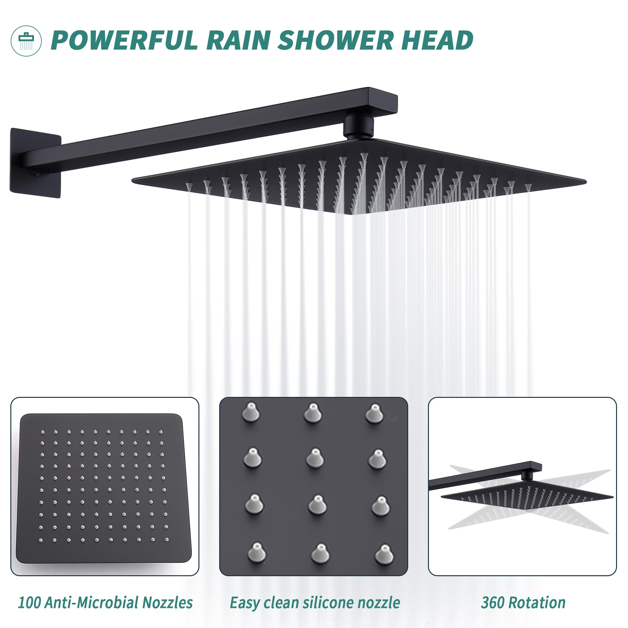 Forious Black Dual Head Waterfall Shower Tower System With 2 Way