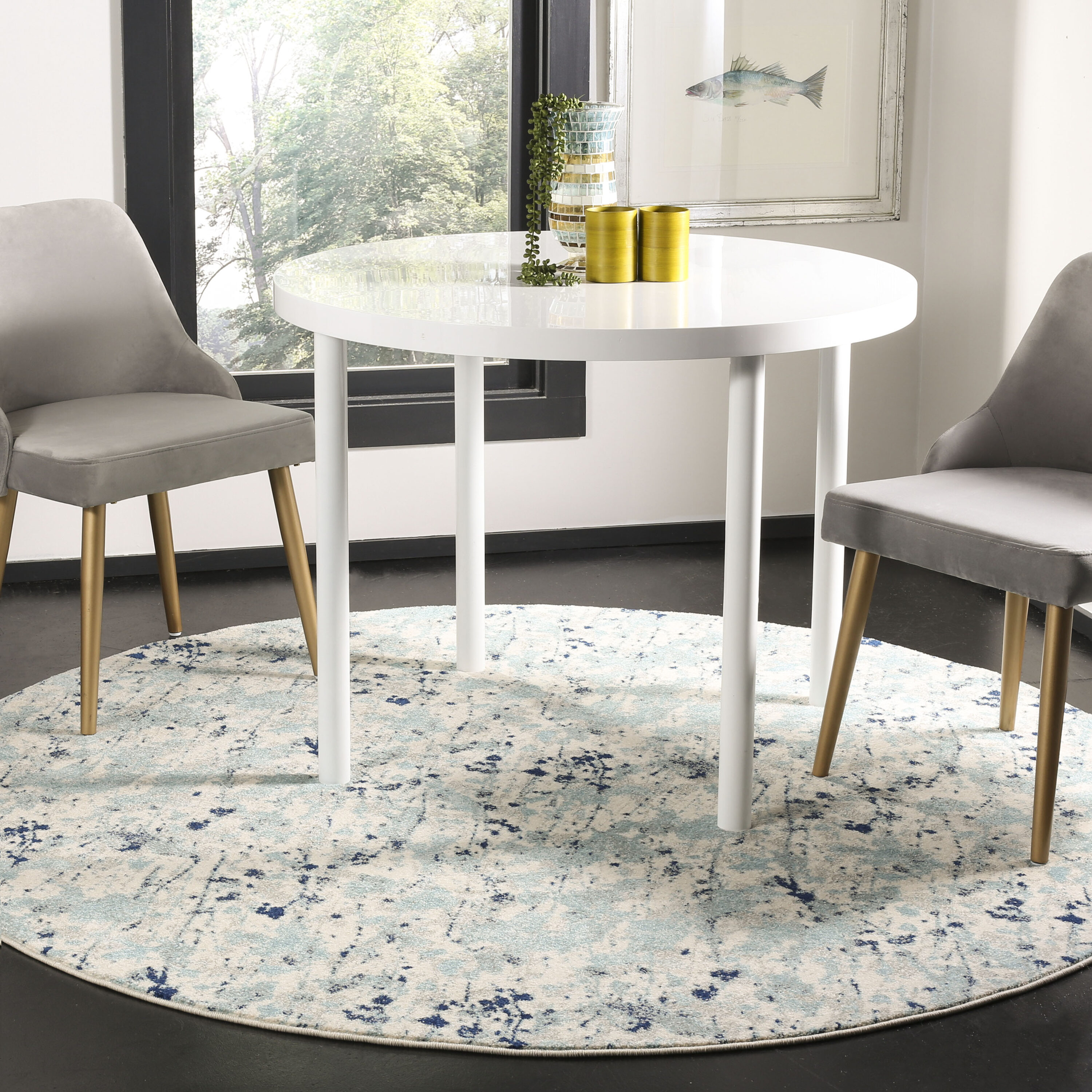 Safavieh - 6.7-ft x 6.7-ft Polypropylene Ivory/Blue Round Indoor Abstract Mid-Century Modern Area...