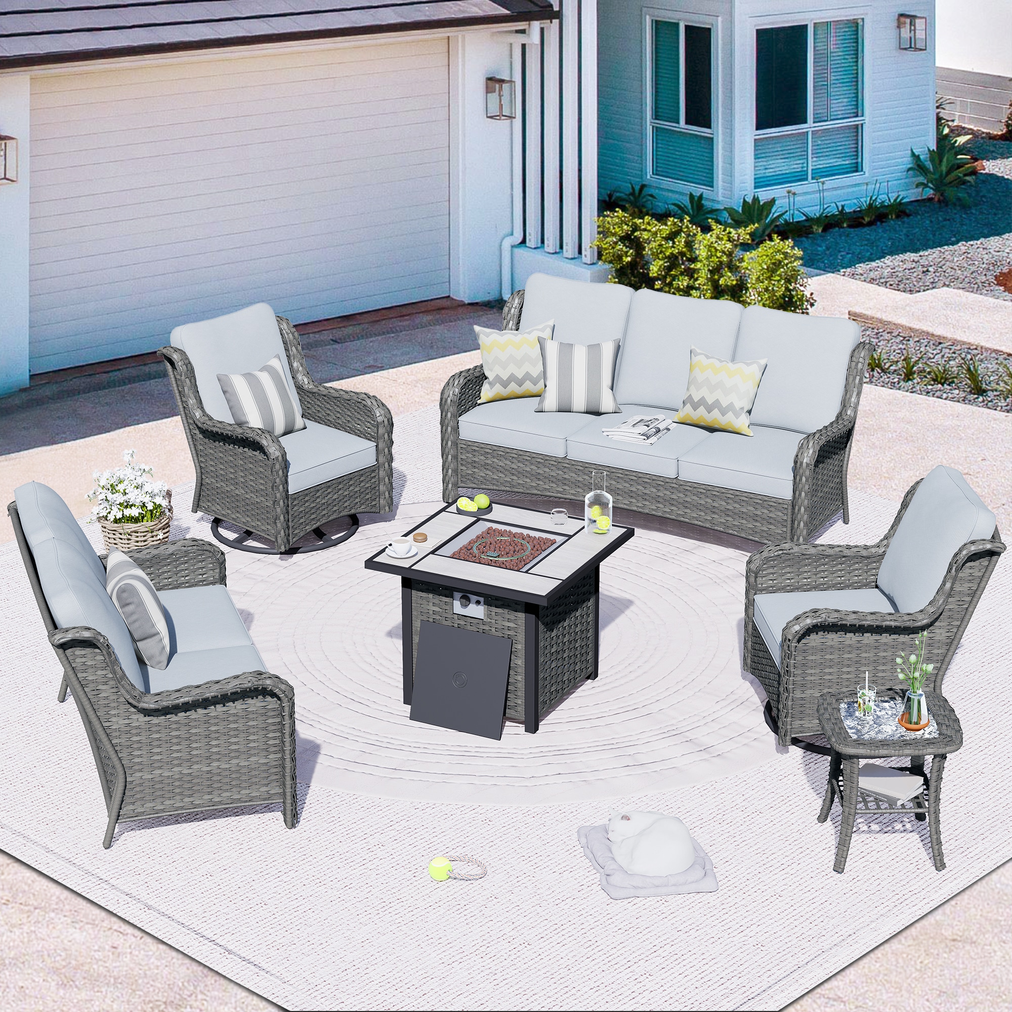 Pouuin SFPYZGNTC405 5 -Piece Wicker Patio Sofa Conversation Set with Gray Cushions