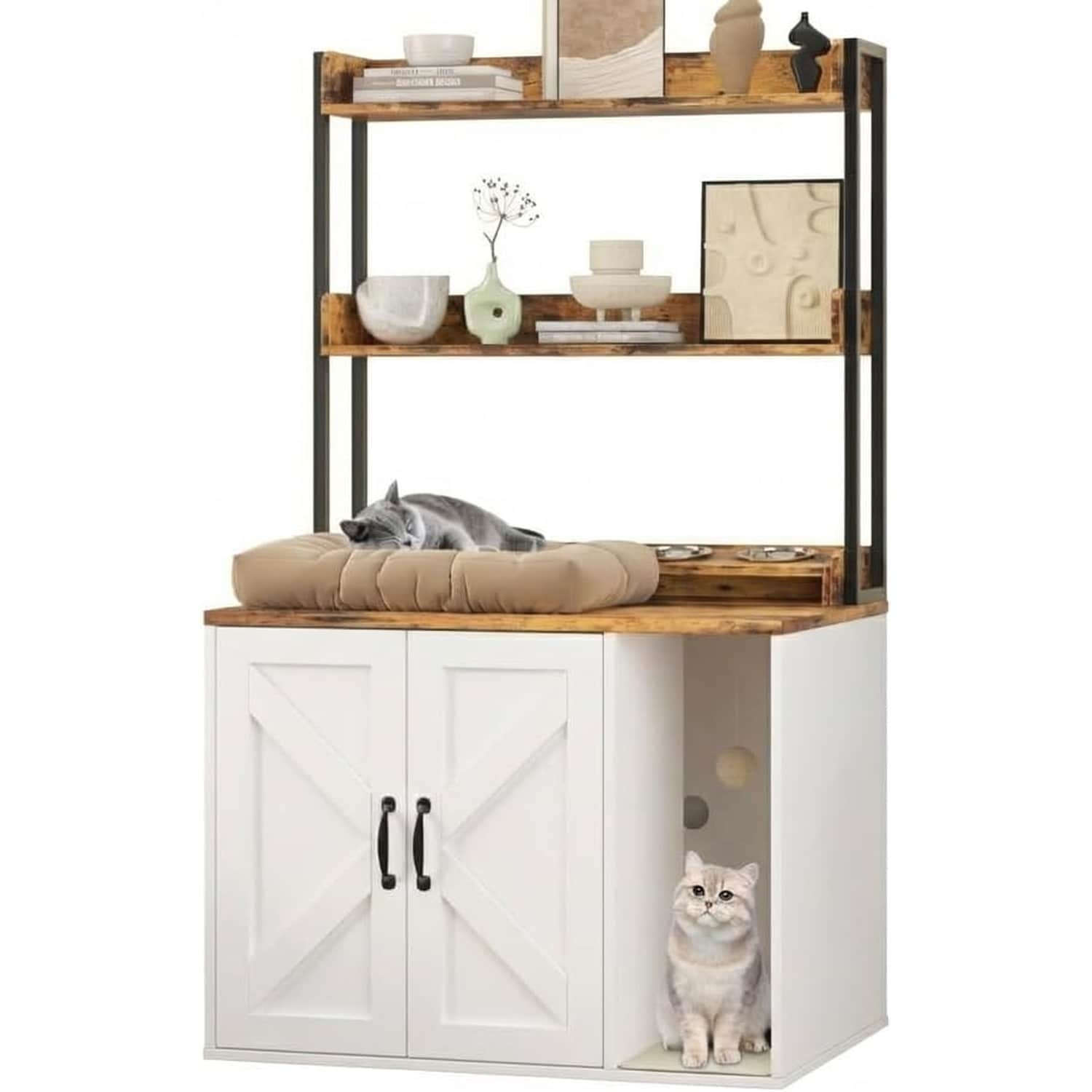 GAOMON - 55 inch H Cat Litter Box Enclosure Hidden Litter Box Furniture Wooden Cat House with 2 S...