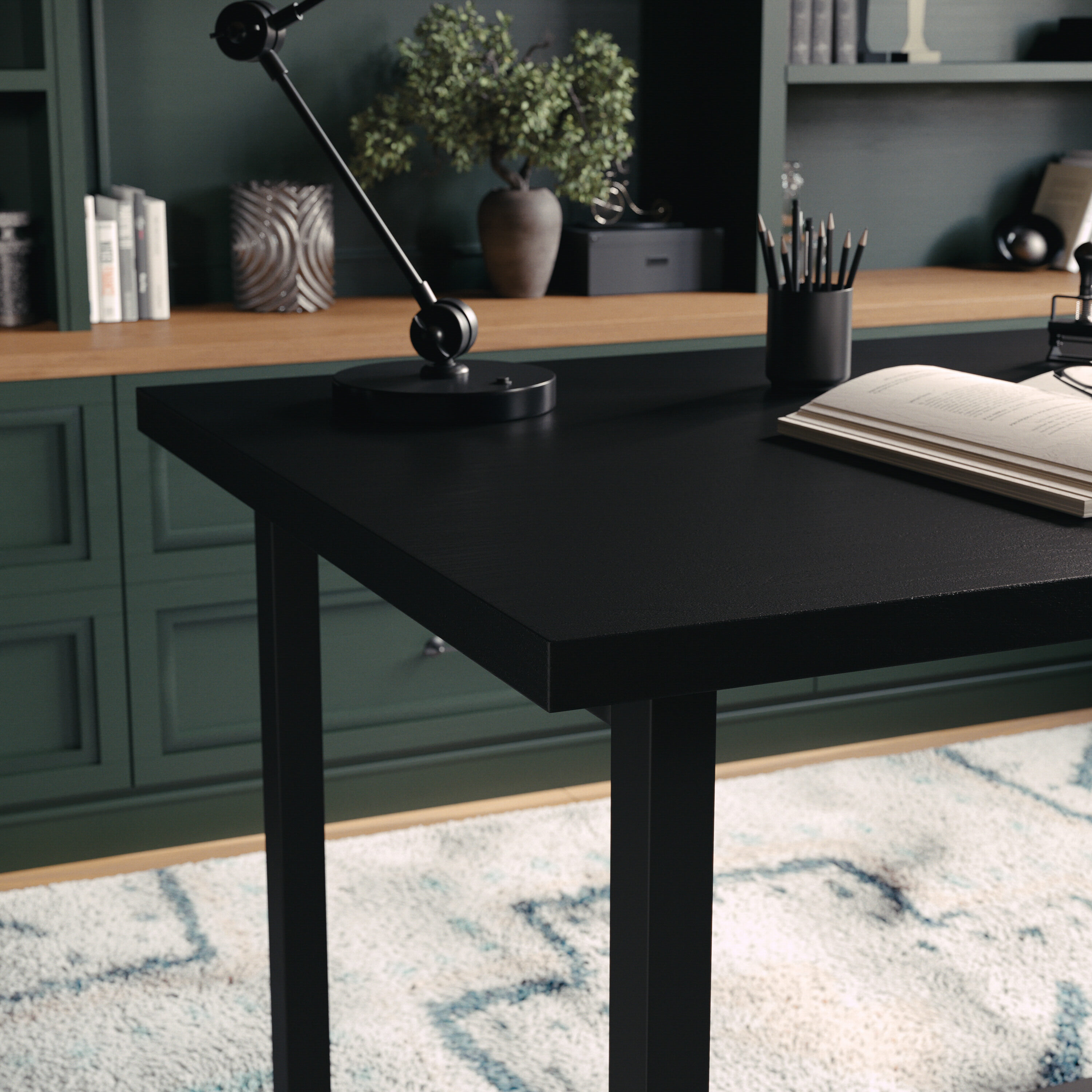 Black Wood Grain Trestle Desk with Open Shelving