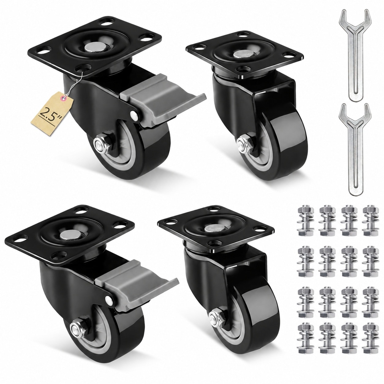 SenQWFa  2.5 Inch Heavy Duty Caster Wheels Set of 4 Two with Brakes and Two without Brakes Rubber Silent Durable Steel Plate Swivel Casters for