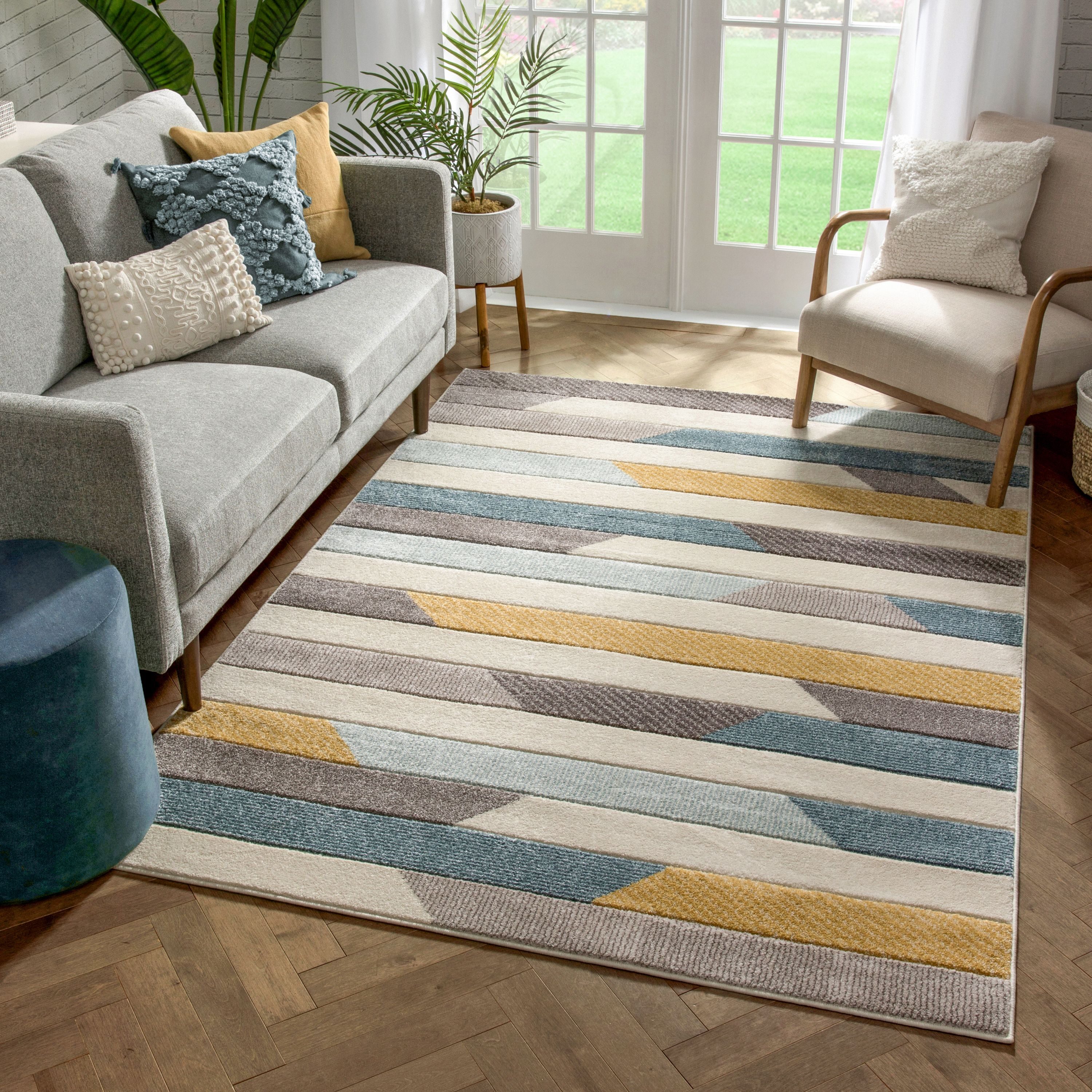 Well Woven RU-171-5 Ruby 5 x 7 (ft) Loomed Polypropylene Gold Blue Rectangular Indoor Geometric Mid-Century Modern Area rug