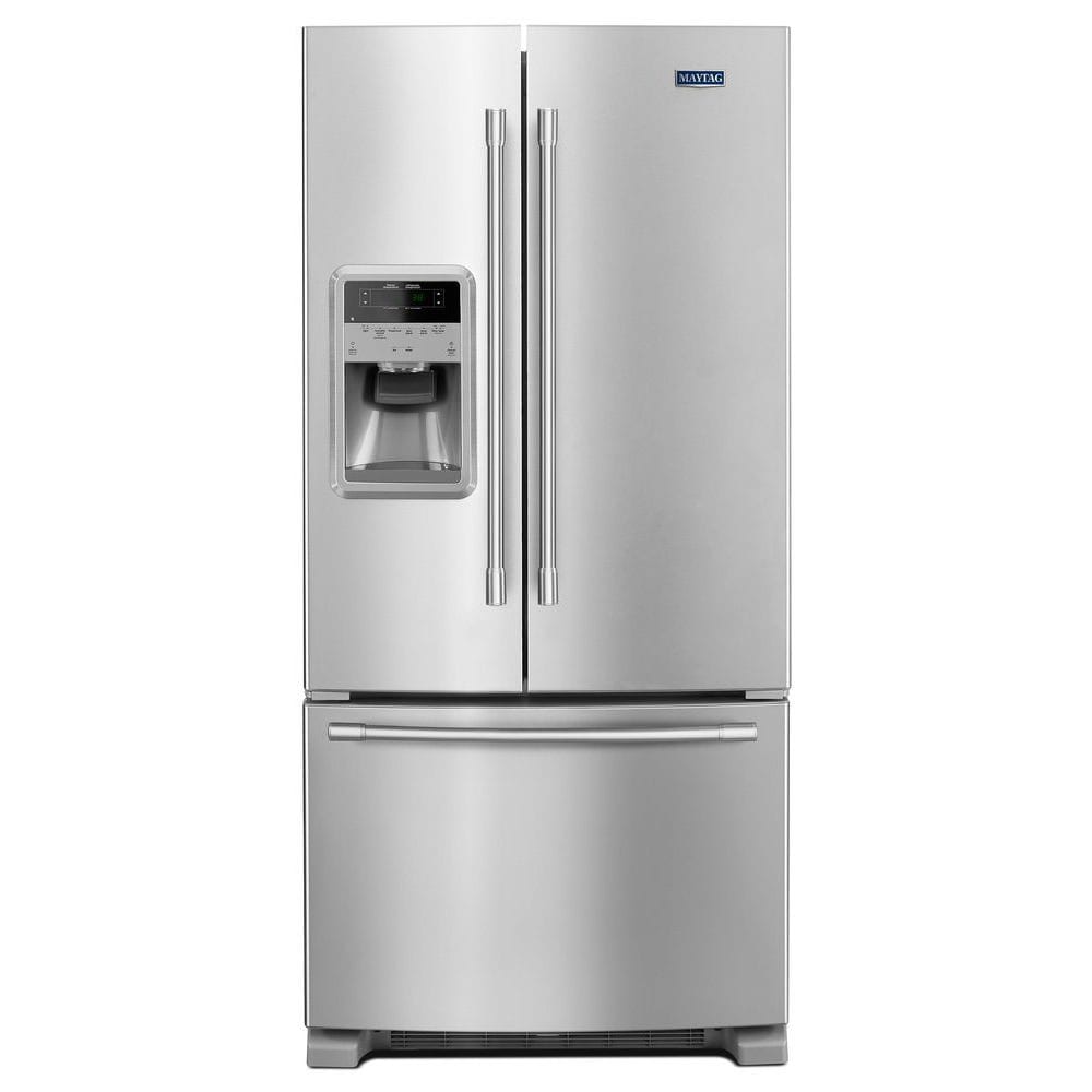 Maytag MFT2673BEM 26.1 cu. ft. French Door Refrigerator with 4  Spill-Catcher Glass Shelves, LED Interior Lighting, SmoothClose Freezer  Drawer, External Water/Ice Dispenser and Better Built Refrigerator  Compressor: Stainless Steel