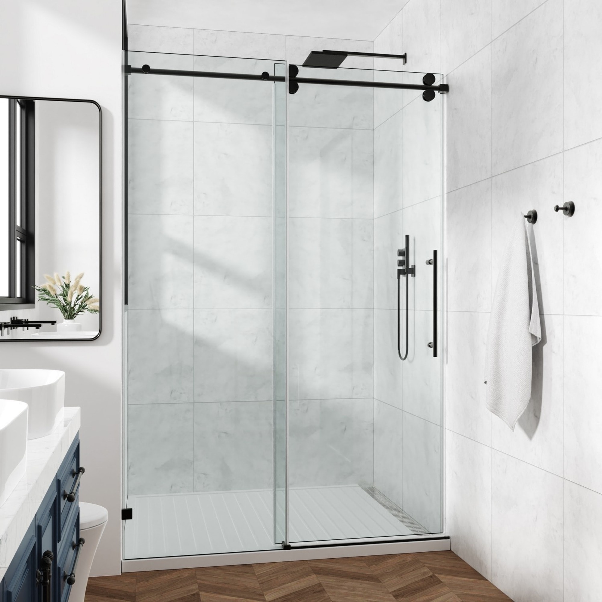 IAK 54 inch x 76 inch Black Clear Glass Fixed and Sliding Shower Door with Round Tube Hardware and 3/8 inch Tempered Glass