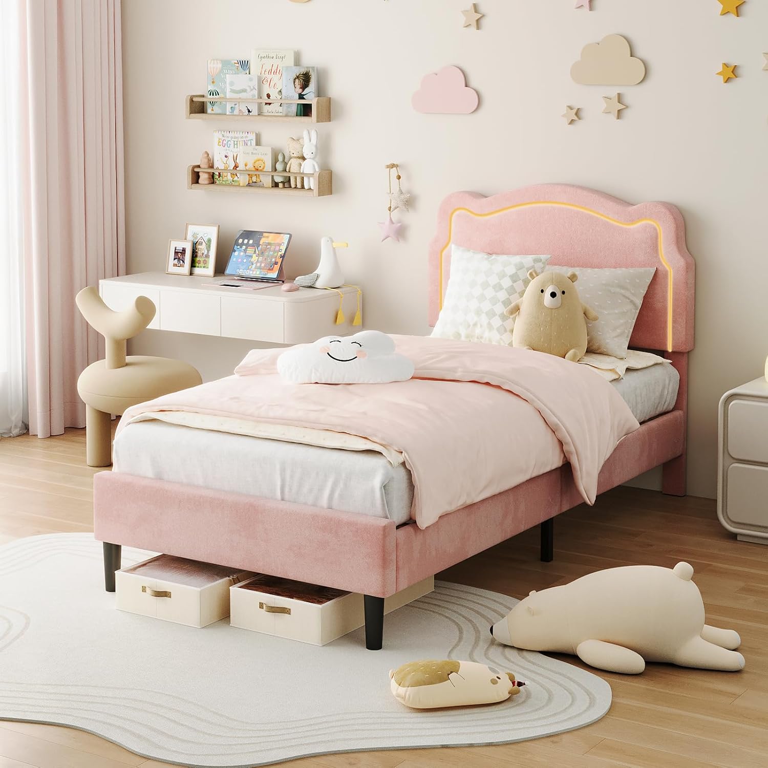 Qeetex LHF-BED-PHO-15JXCTXC Twin Upholstered Smart LED Bed Frame with Adjustable Bear Headboard Velvet Princess Platform Bed Frame for Kids/Girls Wooden Slats Support No Box Spring Needed Easy Assembly Pink