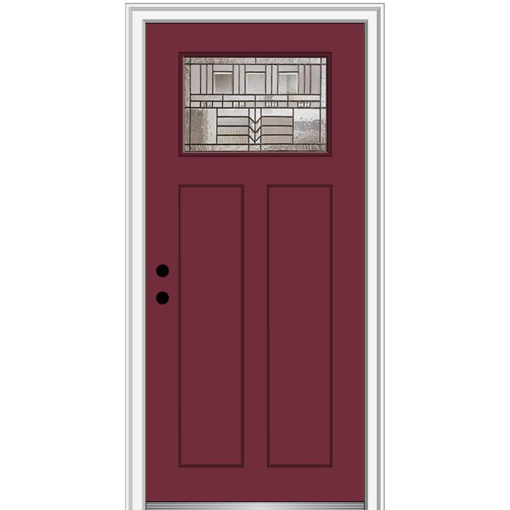MMI DOOR ZZ3664612R 32-in x 80-in x 6-9/16-in Fiberglass Craftsman Right-hand inswing Burgundy Painted Prehung Front Door with Brickmould Insulating core