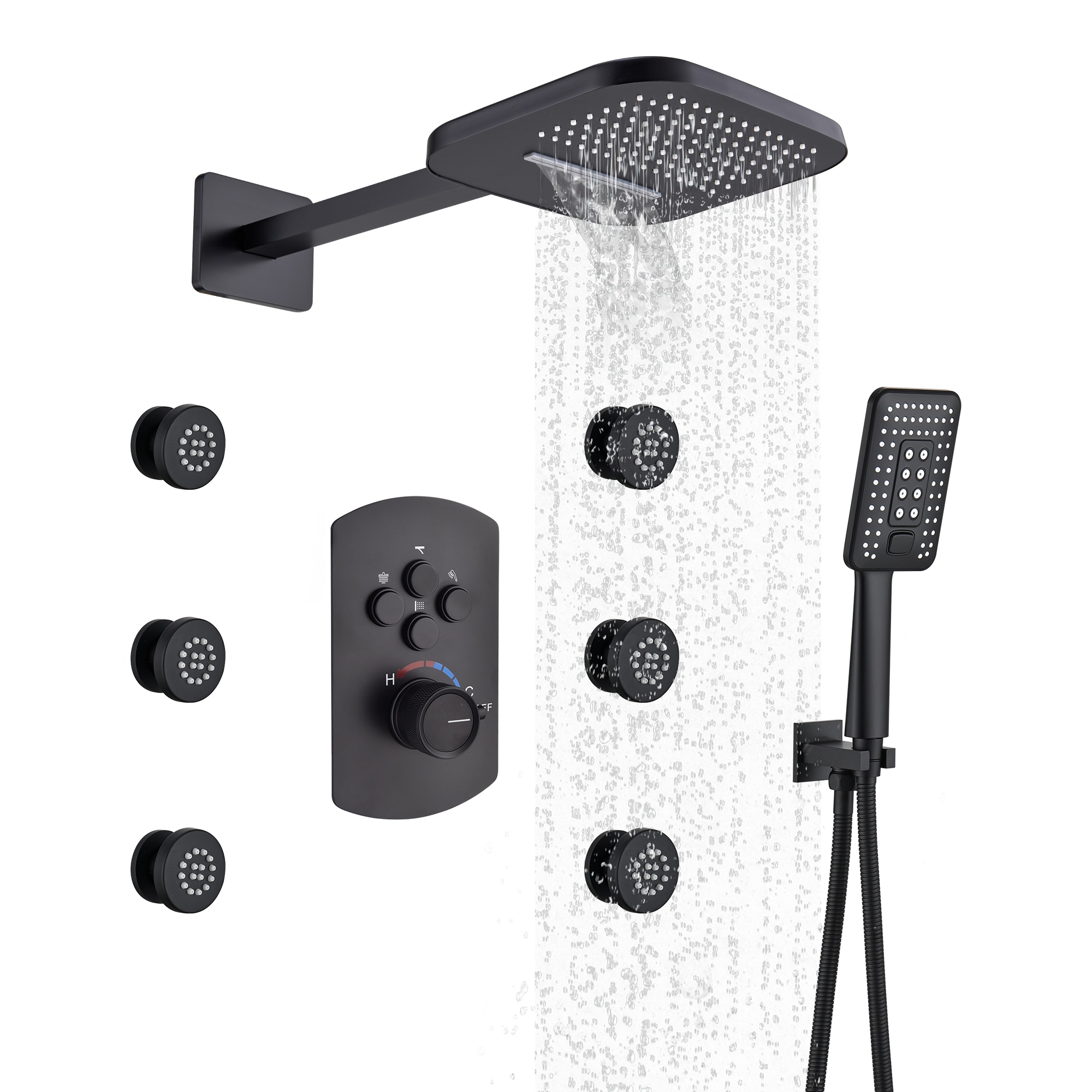 CASAINC WF-W98C03H-12 22-in Thermostatic Wall Mounted Rainfall Shower Head System Matte Black 22-Inches Waterfall Built-In Shower Faucet System with 4-way Diverter ( Thermostatic Valve Included )