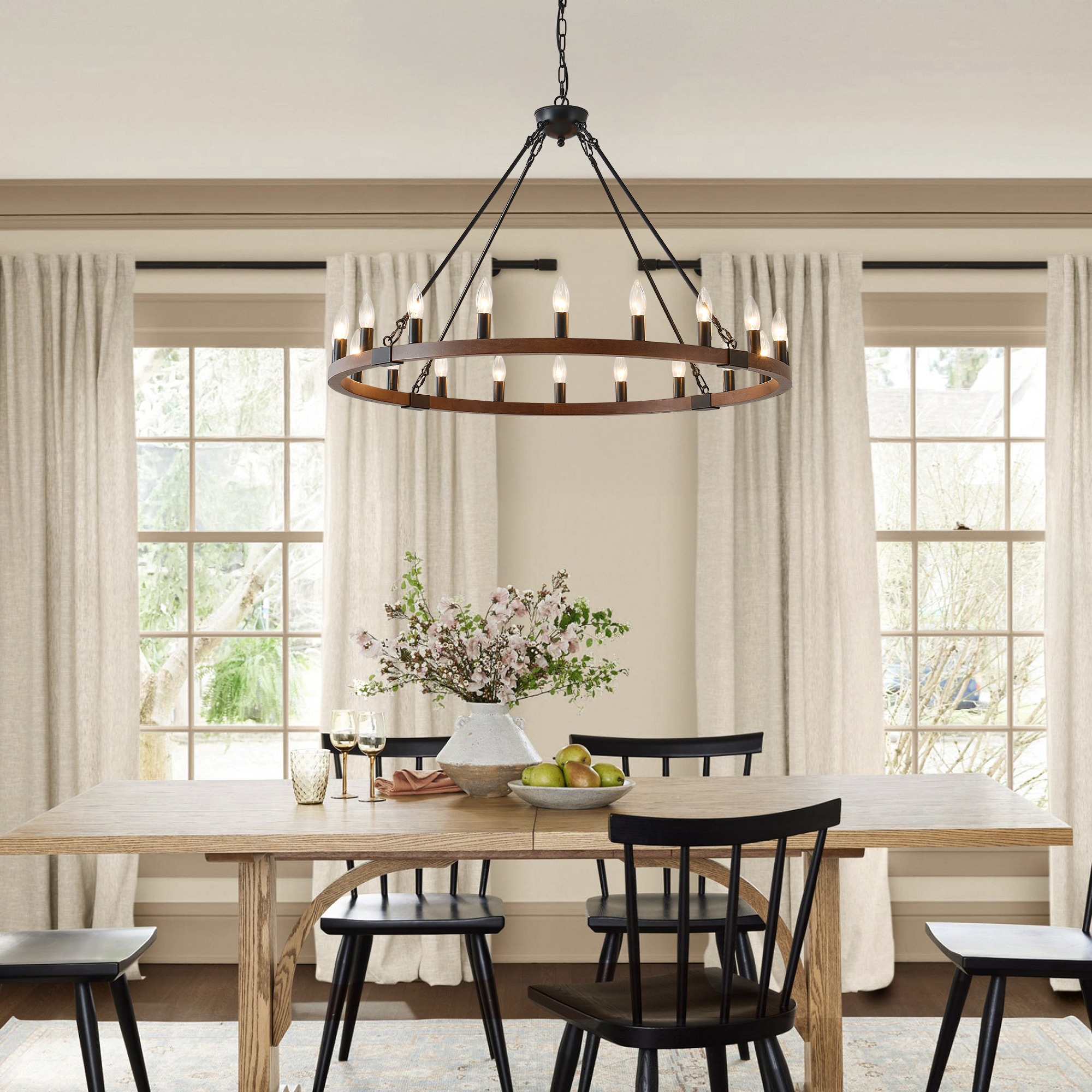 Tinyhomie 39.3 INCH Wood Wagon Wheel Chandelier Modern Farmhouse Pendant Light 20-Light Ceiling Hanging Lighting Fixtures for Living Room Dining Room Kitchen Island Foyer NO INCLUDED BULBS WOOD and Matte Black