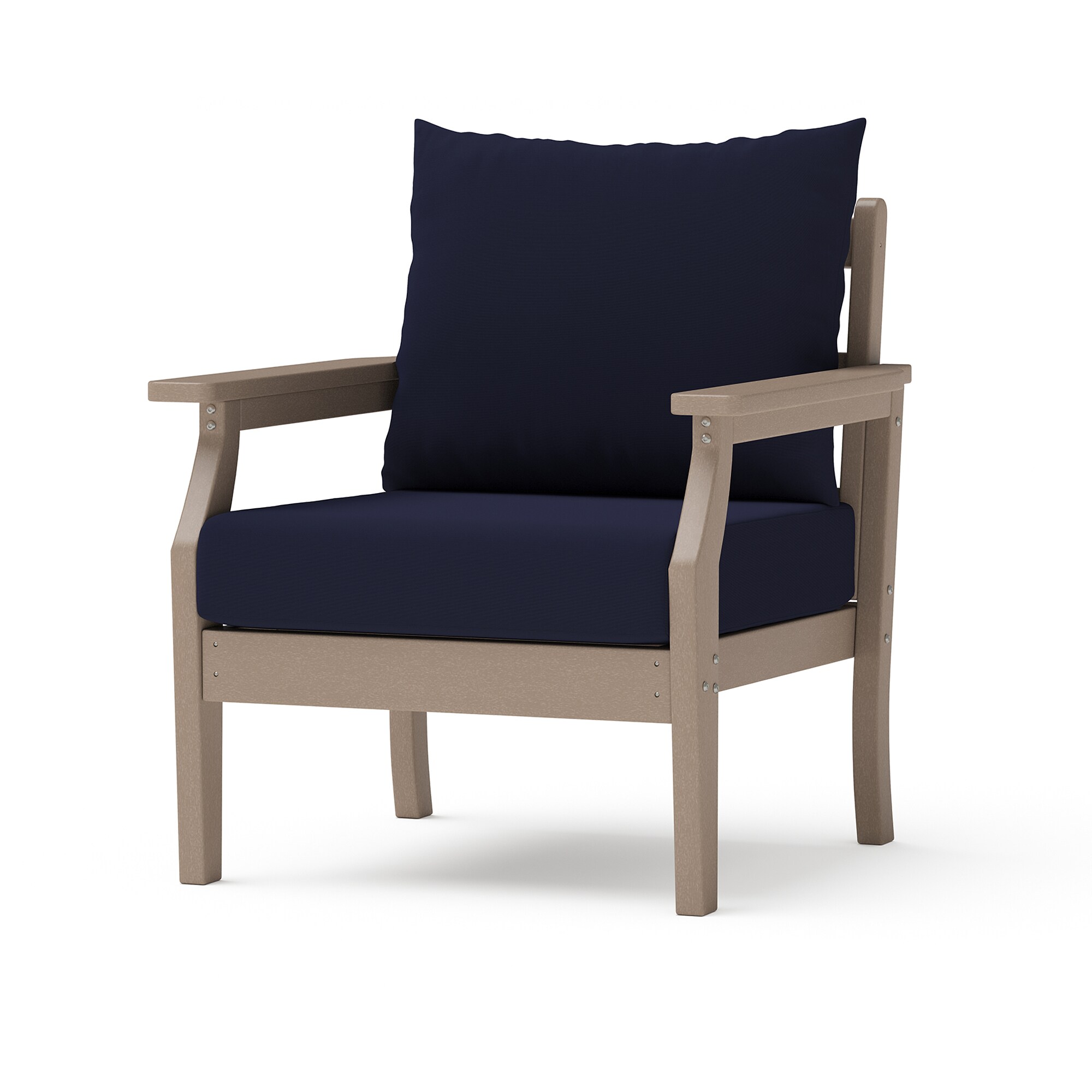 RST Brands OP-CLB-HDPE-TAN-NVYK Kamas Tan HDPE Frame Stationary Adirondack Chair with Navy Sunbrella Cushioned Seat