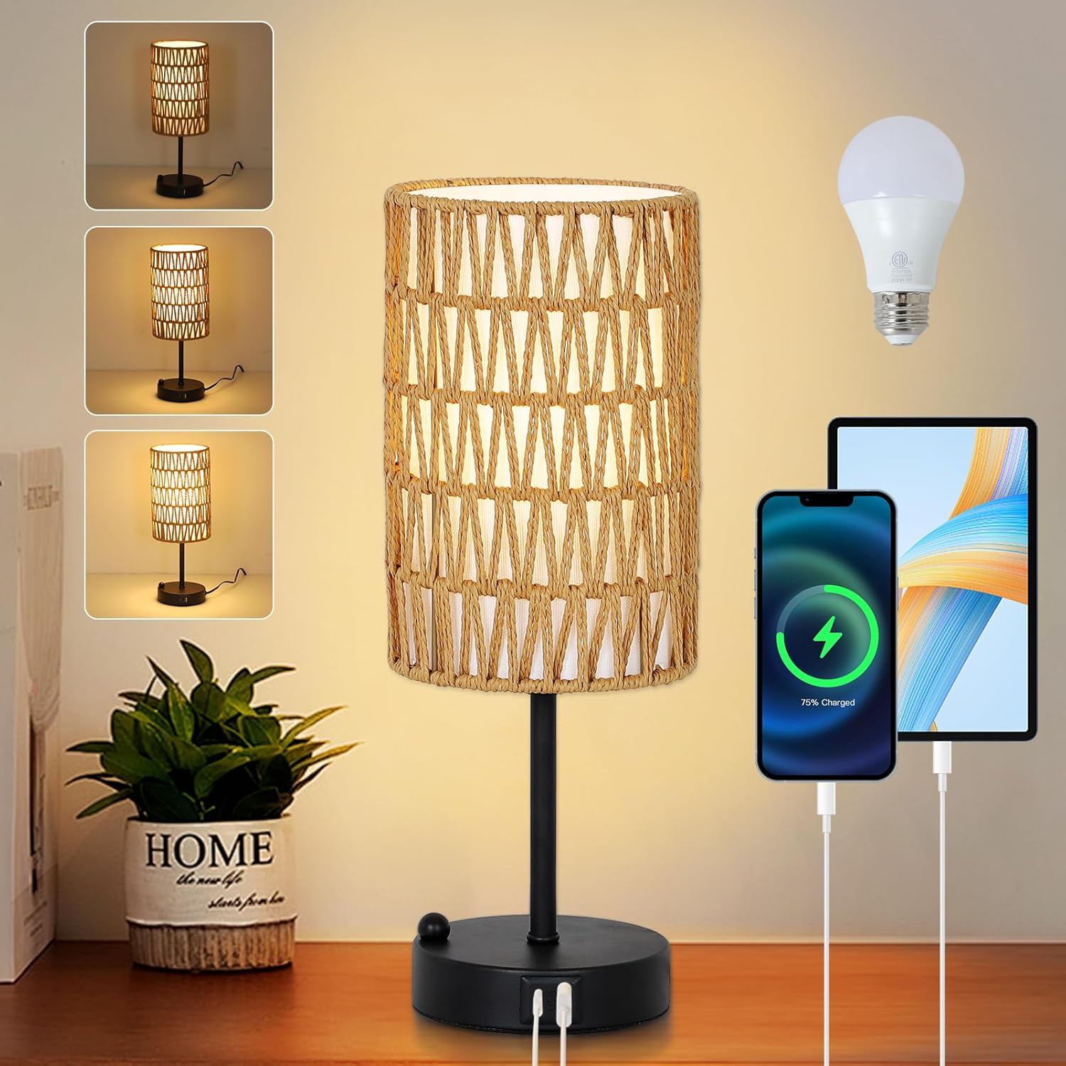 KTMBDW Bedside Table Lamp for Bedroom - 3 Way Dimmable Touch Lamp with USB Port and Rattan Shade