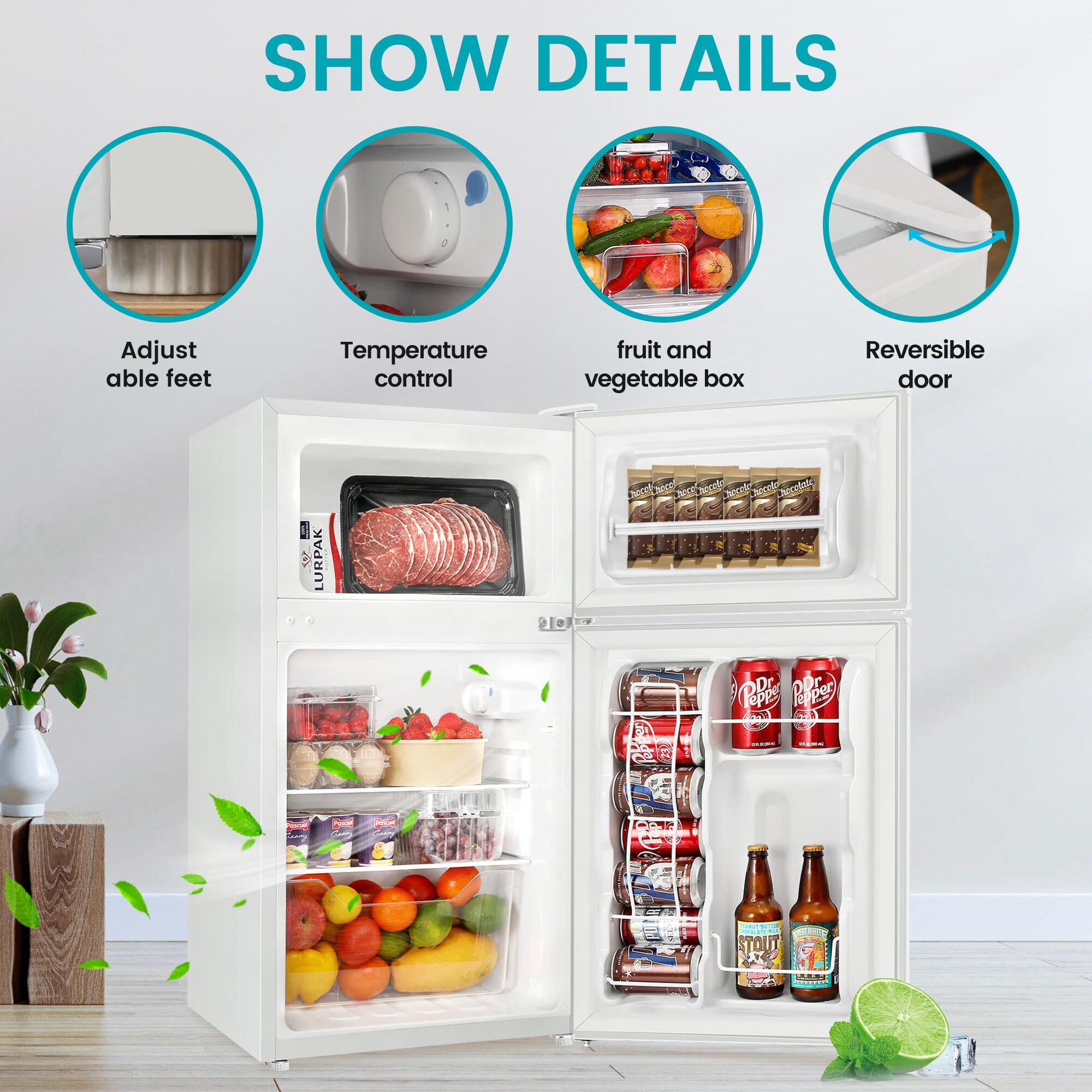 MRS HOME Compact refrigerator with freezer, 3.2 Cu.ft Mini Fridge with  Reversible Door, 5 Settings Temperature Adjustable for Kitchen, Bedroom,  Dorm