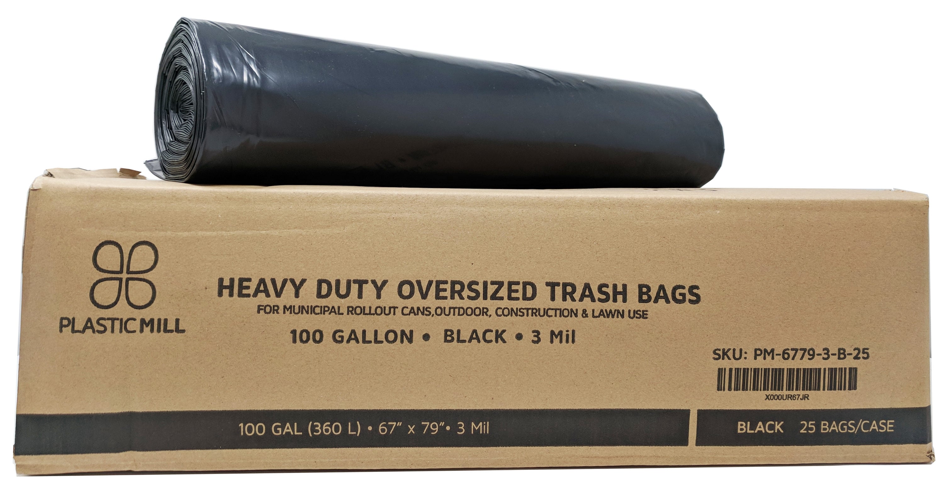 PlasticMill plasticmill 100 gallon, black, 2 mil, 67x79, 10 bags/case,  heavy duty, garbage bags/trash can liners.