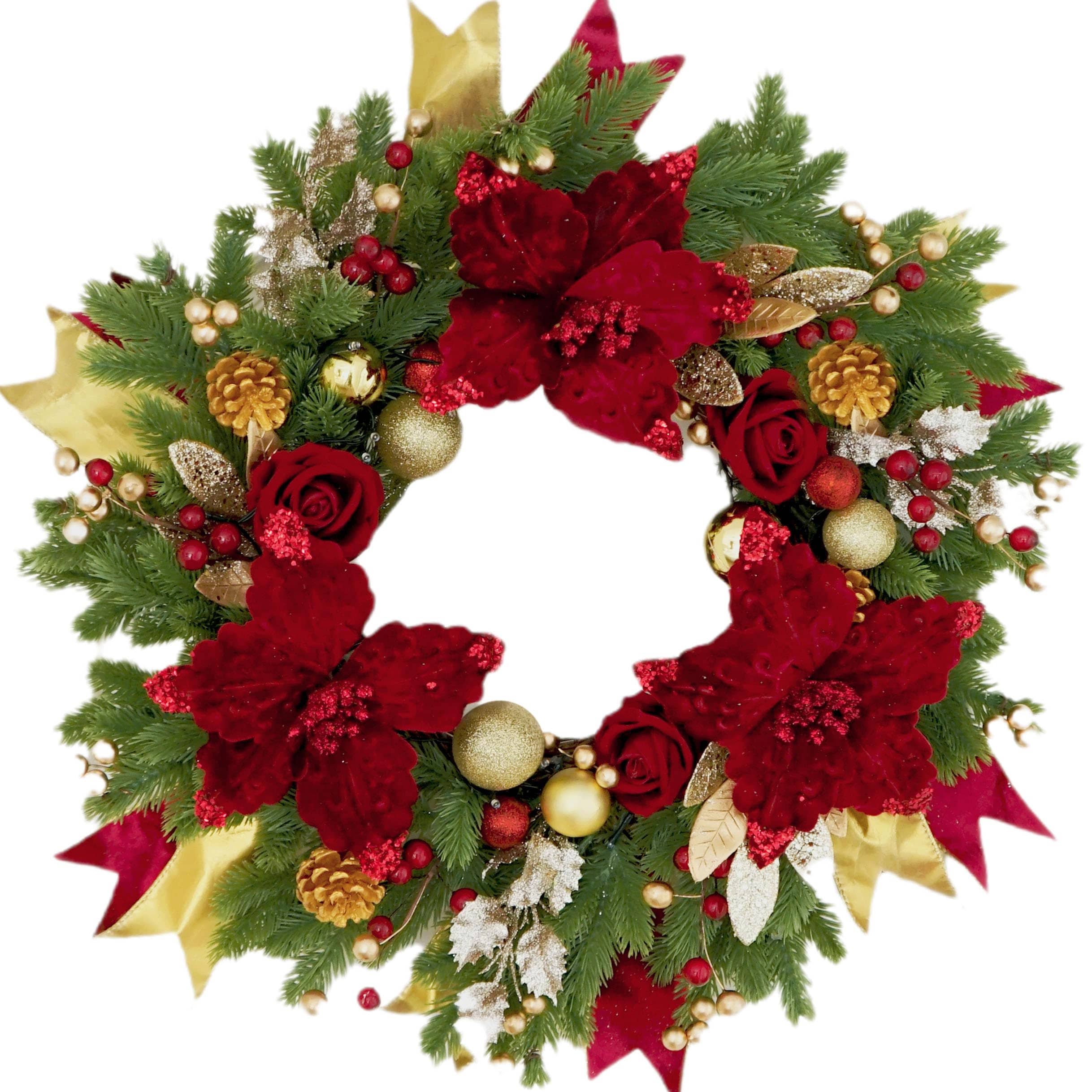 Etokfoks -  22 24 in Vintage Christmas Wreath with Artificial Pine Needles Red Flowers Gold Ribbo...