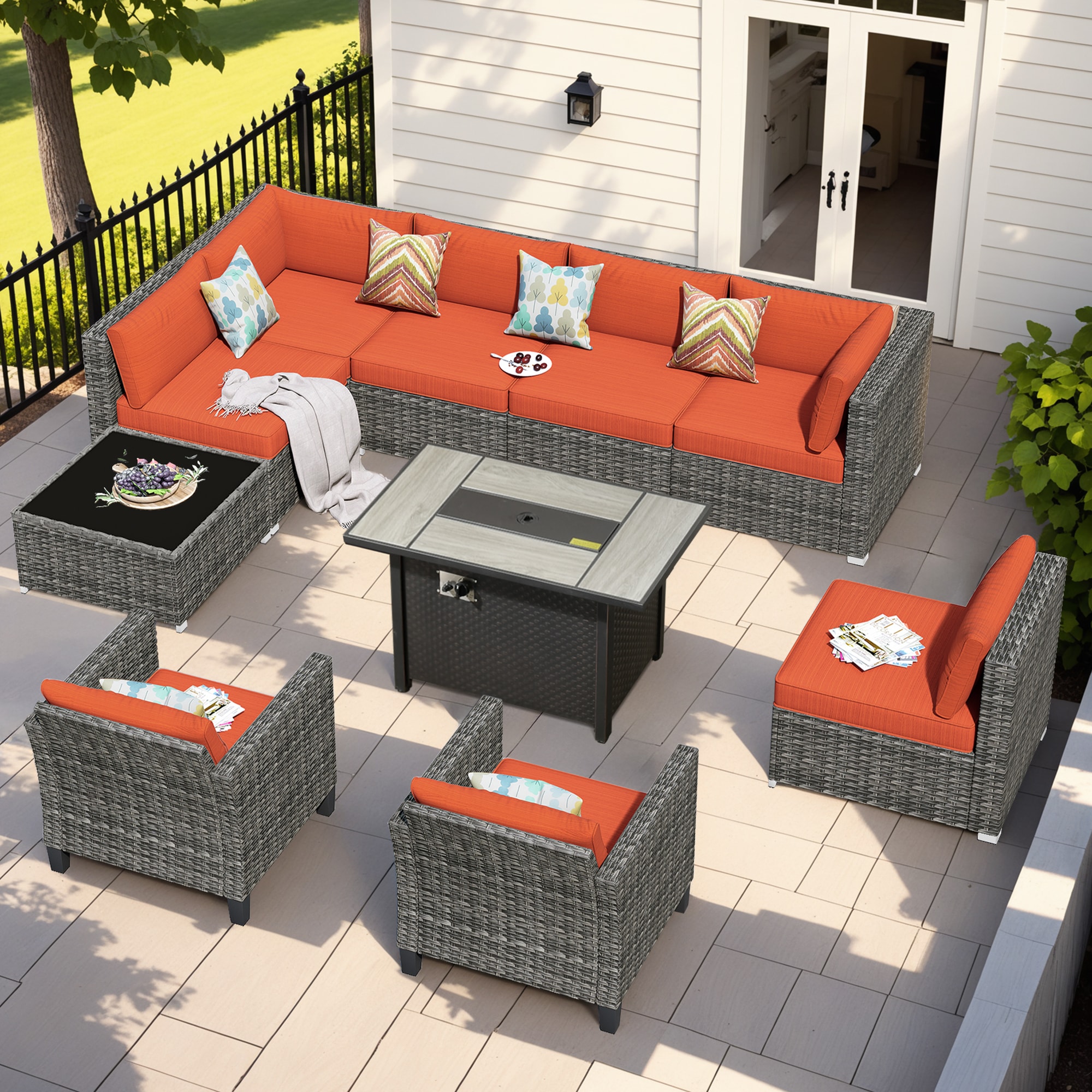 XIZZI XIHOP80J5-IFP Sunrise Rattan Outdoor Sectional with Pink Cushions and Steel Frame