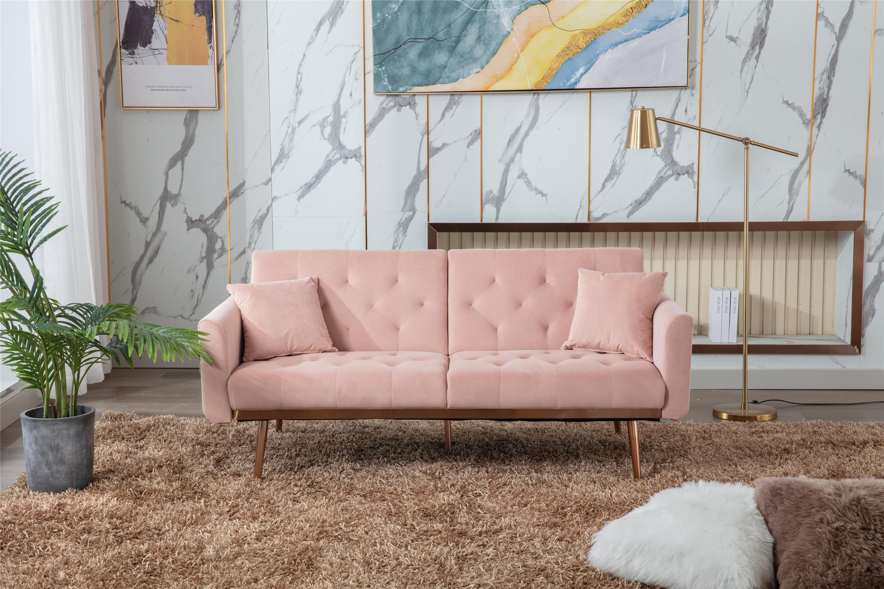 Mondawe 63.78-in Modern Pink Velvet Sofa in the Couches, Sofas ...