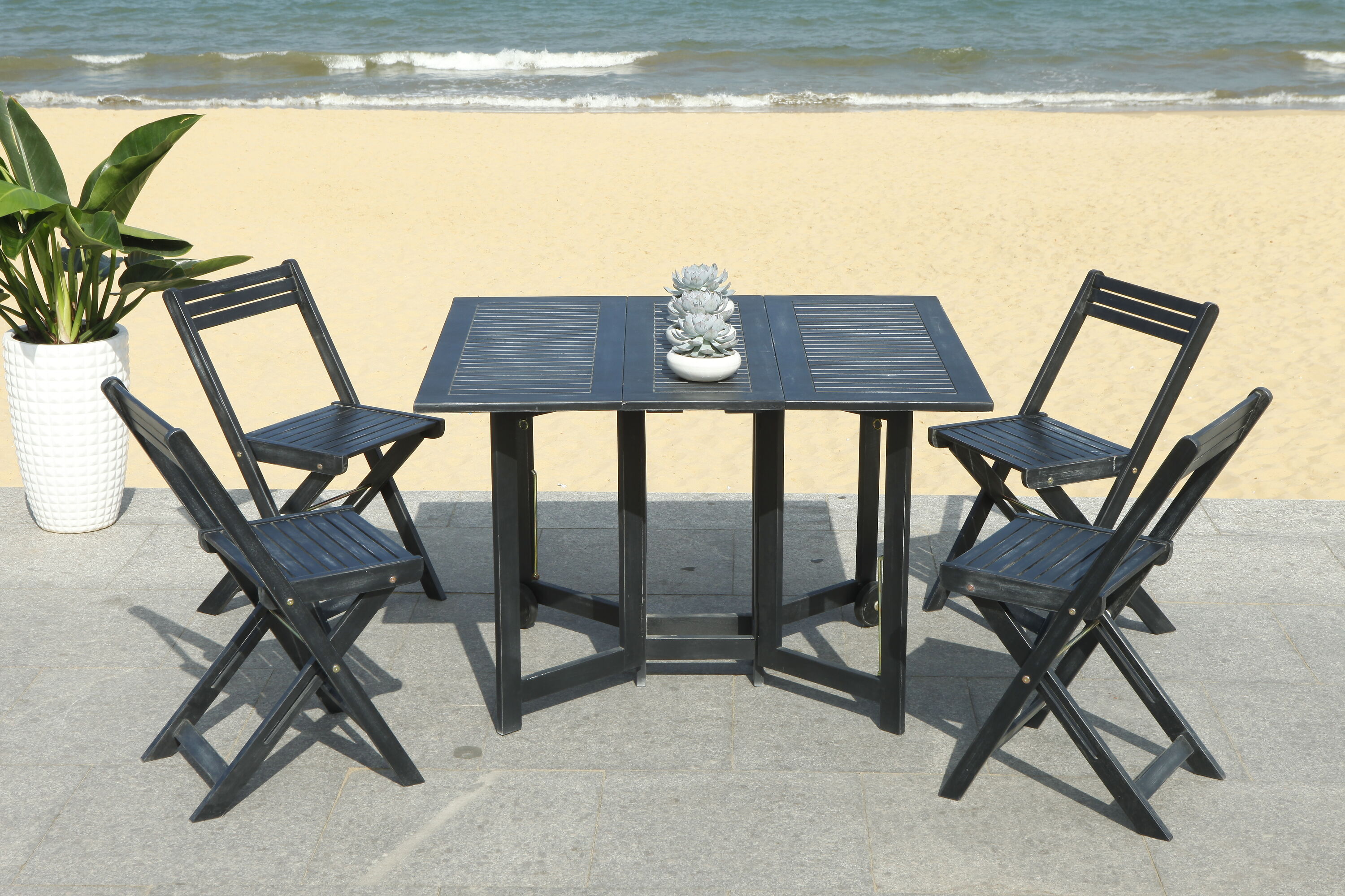 Safavieh PAT7001C Arvin 5 -Piece Black Patio Dining Set Wood Rectangle Table with 4 Stationary Chairs