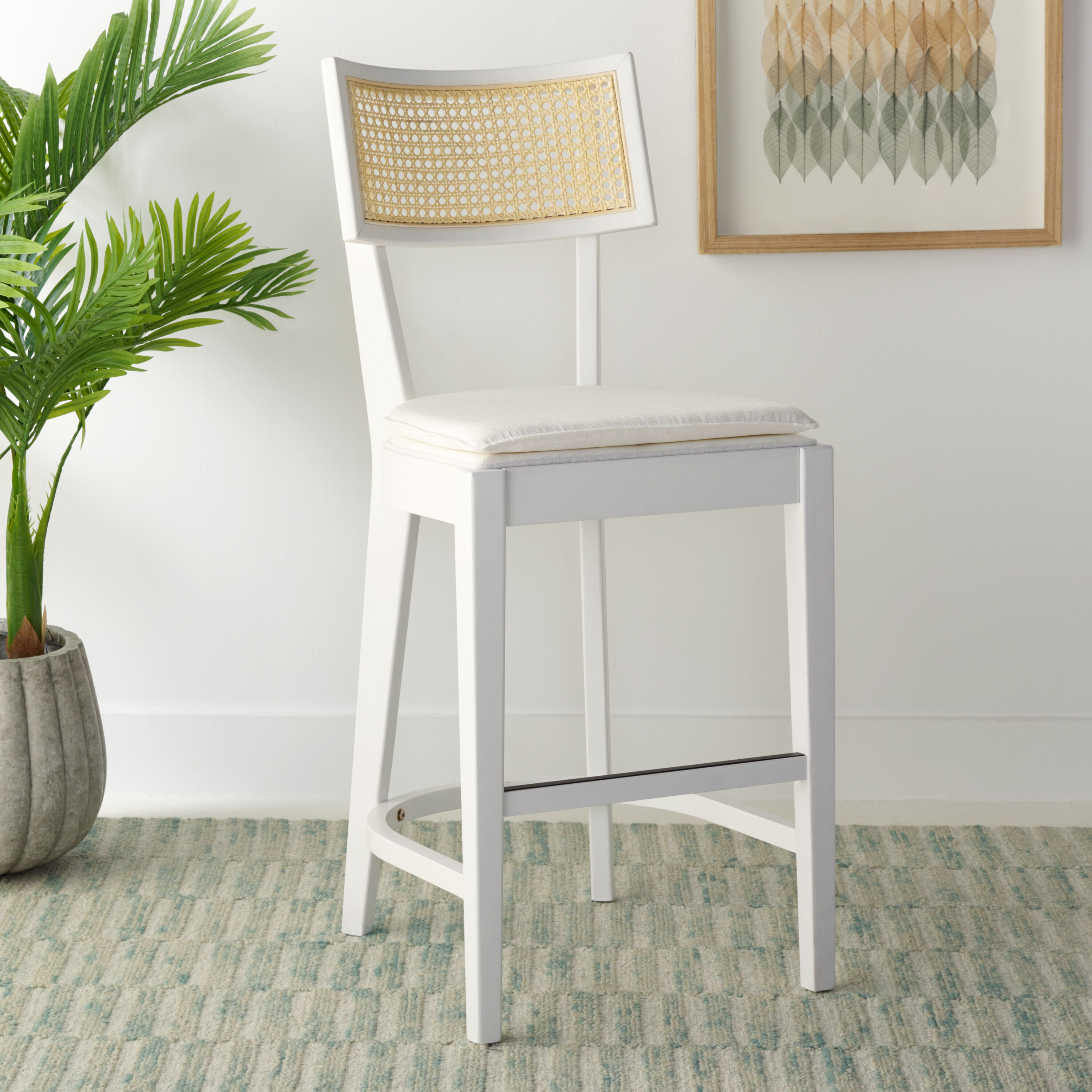 White and Natural Wood Cane Counter Stool with Cushion
