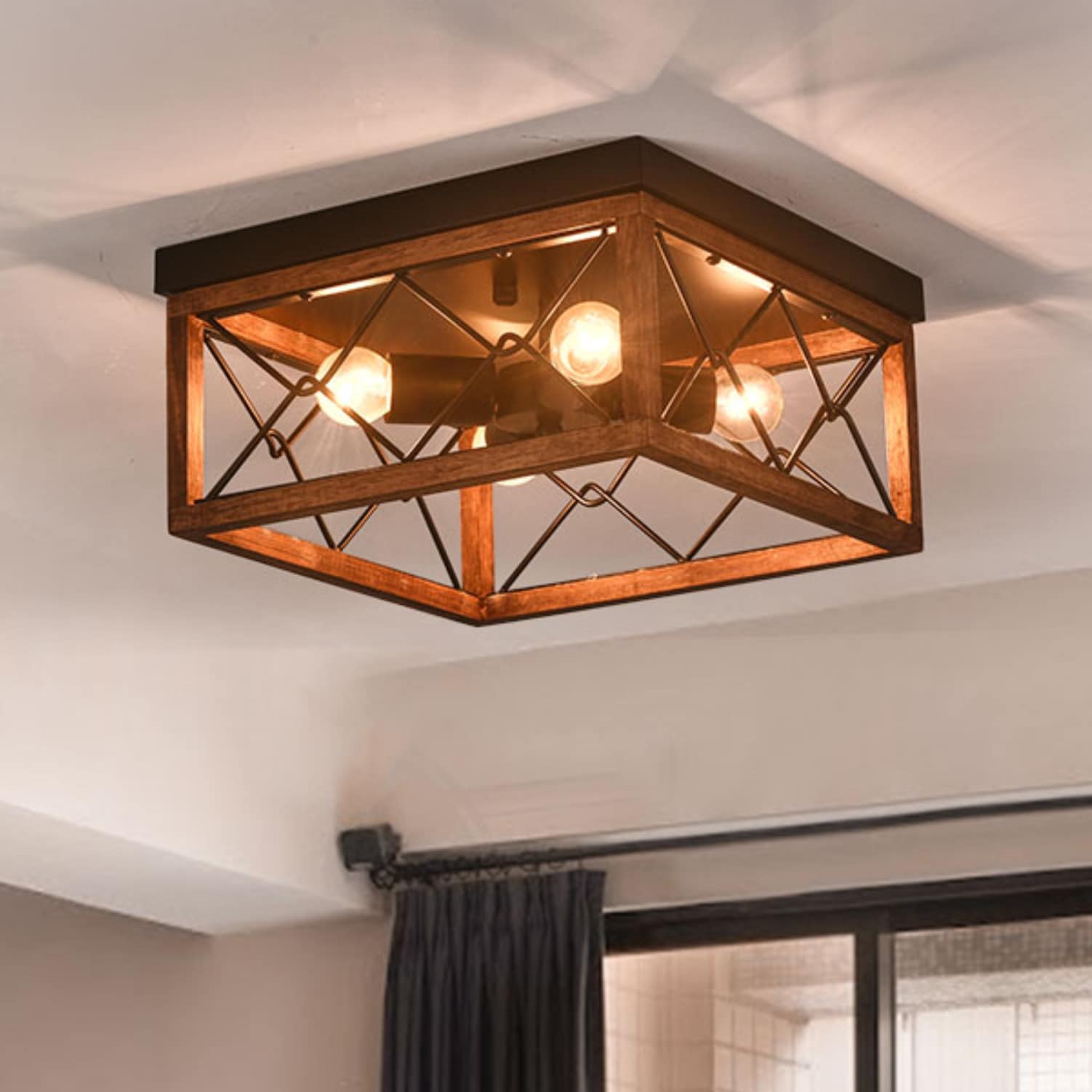 Oukaning HG-HCXLST-5618-US 12.6-in Farmhouse Solid Wood 4 -Light 12.6-in Antique Brown Flush Mount Light