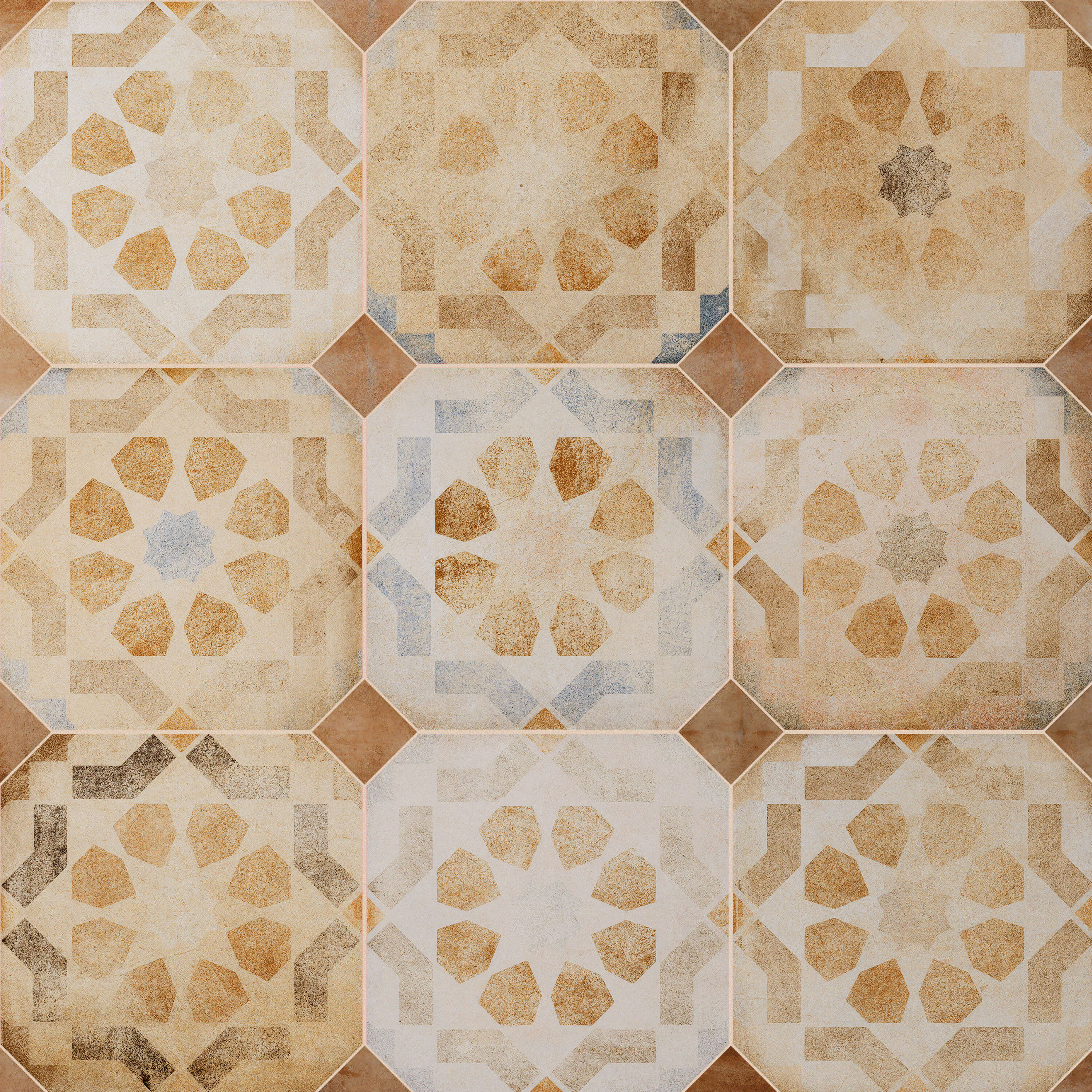 Affinity Tile Sample - Laverton Octagon Deco Multicolor with Taco Natural 8-in x 8-in Matte Porcelain Cement look Floor and Wall Tile