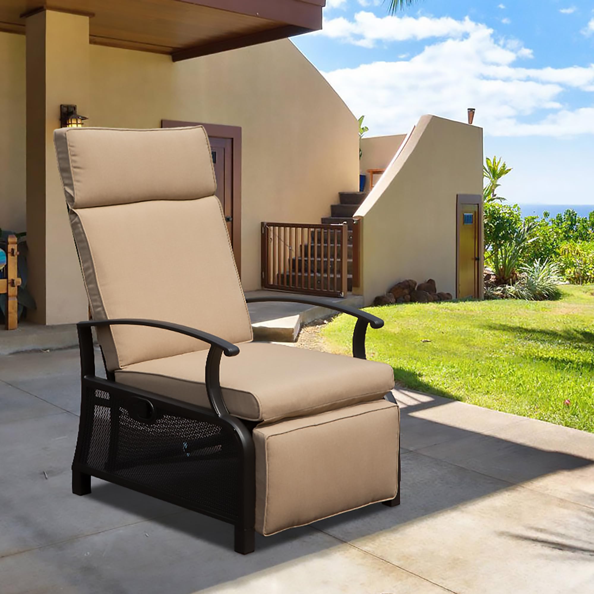 Boyel Living Metal Outdoor Recliner with Flip Table Push Back and Beige Cushions