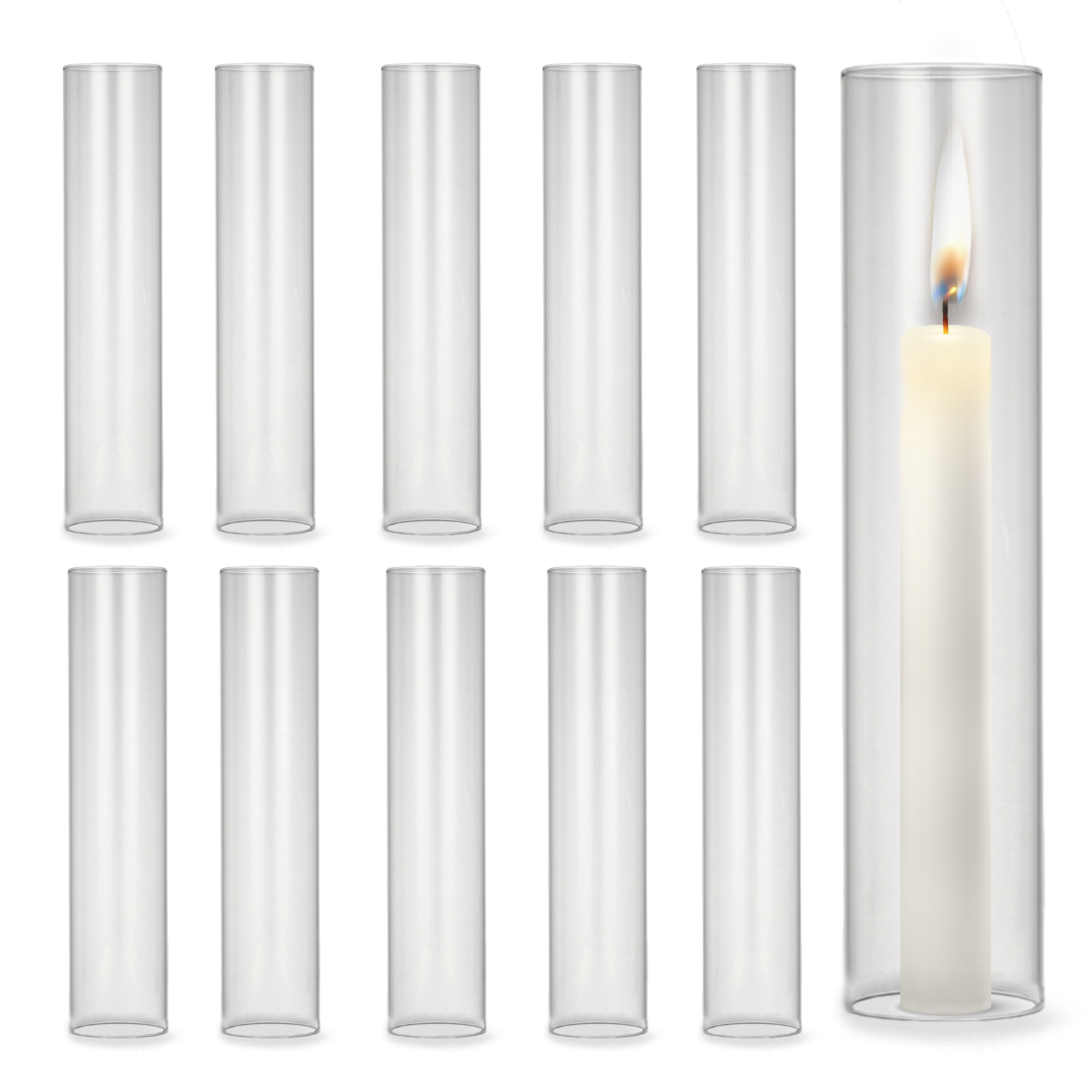 Garvee 10 PCS Clear Hurricane Candle Holder Sleeves Open-Ended Glass Chimneys for Pillar and Taper Candles 2.5 in x 12 in Centerpiece Covers for Wedding and Christmas Decor