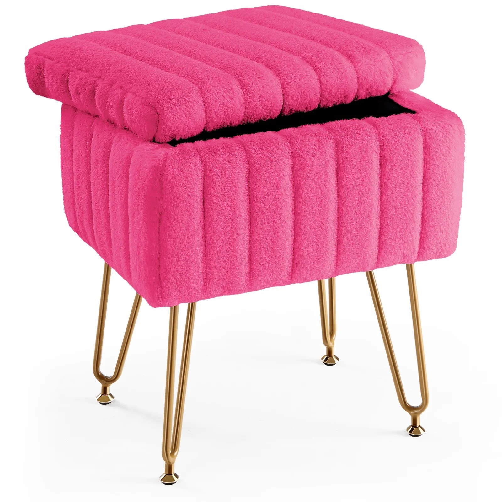 GlasFlength  16 Inch Rectangular Storage Ottoman with Vertical Tufted Faux Fur and 4 Gold Metal Legs Chic Vanity Stool Accent Seat for Bedroom Living Room  Pink