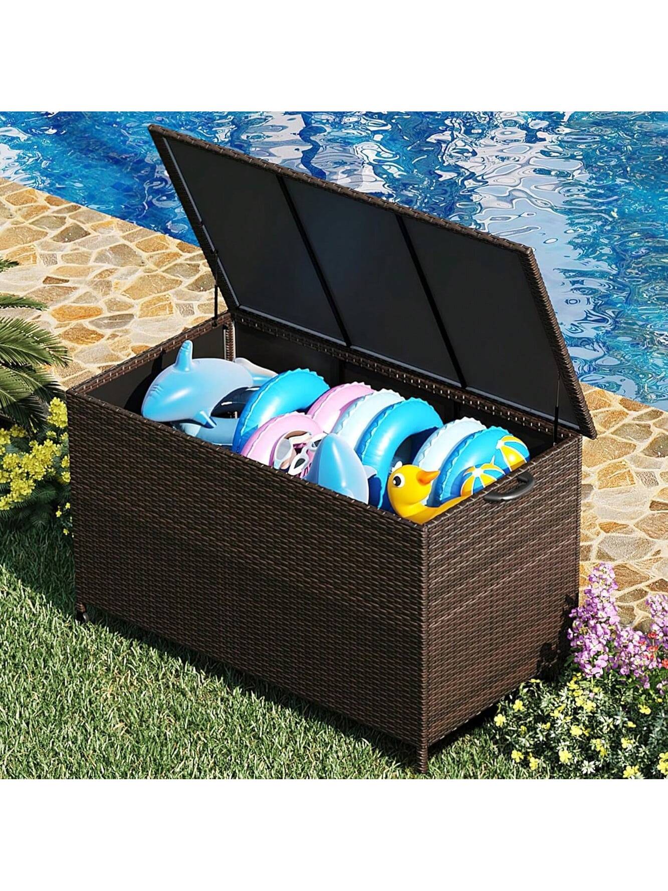 Qeetex PHO-34BXAFL6-HF4 185 Gallon Large Deck Box Waterproof PE Rattan Outdoor Storage Box with Handles and Wheels. Storage Bin for Garden. Balcony. Porch. Pool. Yard