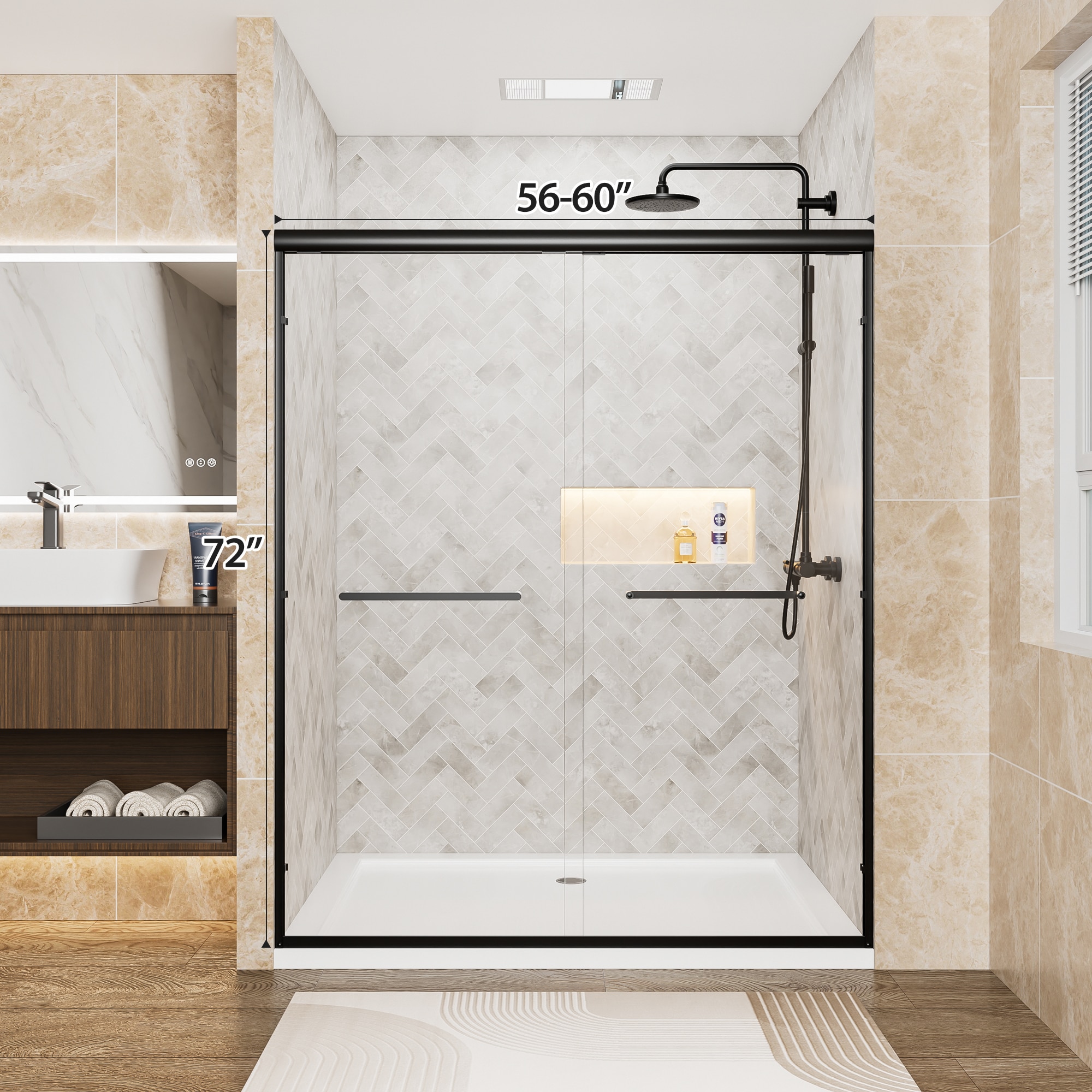 Cuschoice  56-60 in. W x 72 in. H Matt Black Frame Double Sliding Shower Door 6mm SGCC Explosion-Proof Tempered Glass Stainless Steel Handle