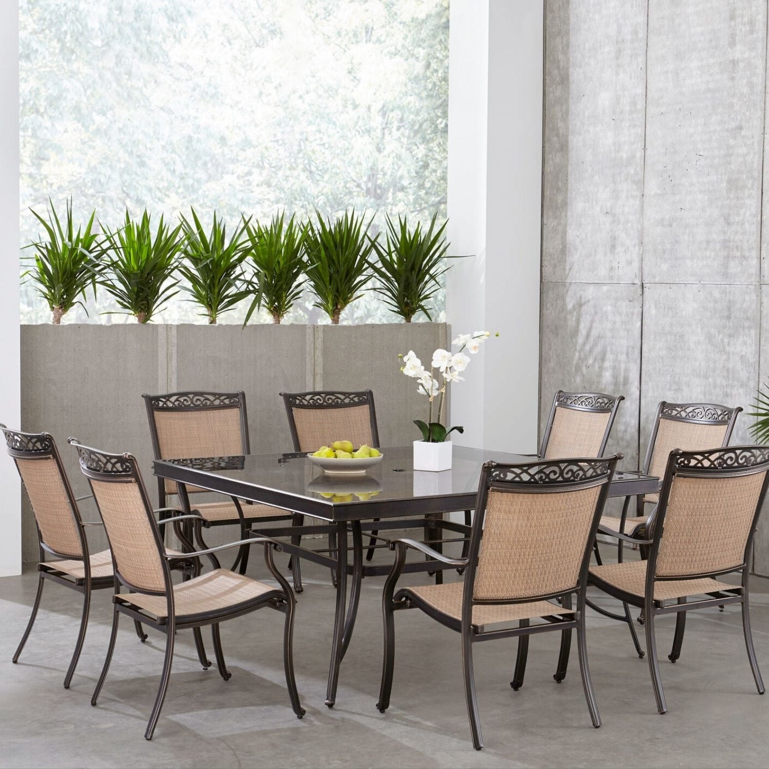 Hanover FNTDN9PCSQG Fontana 9 -Piece Bronze Patio Dining Set Aluminum Square Table with 8 Tan Stationary Chairs