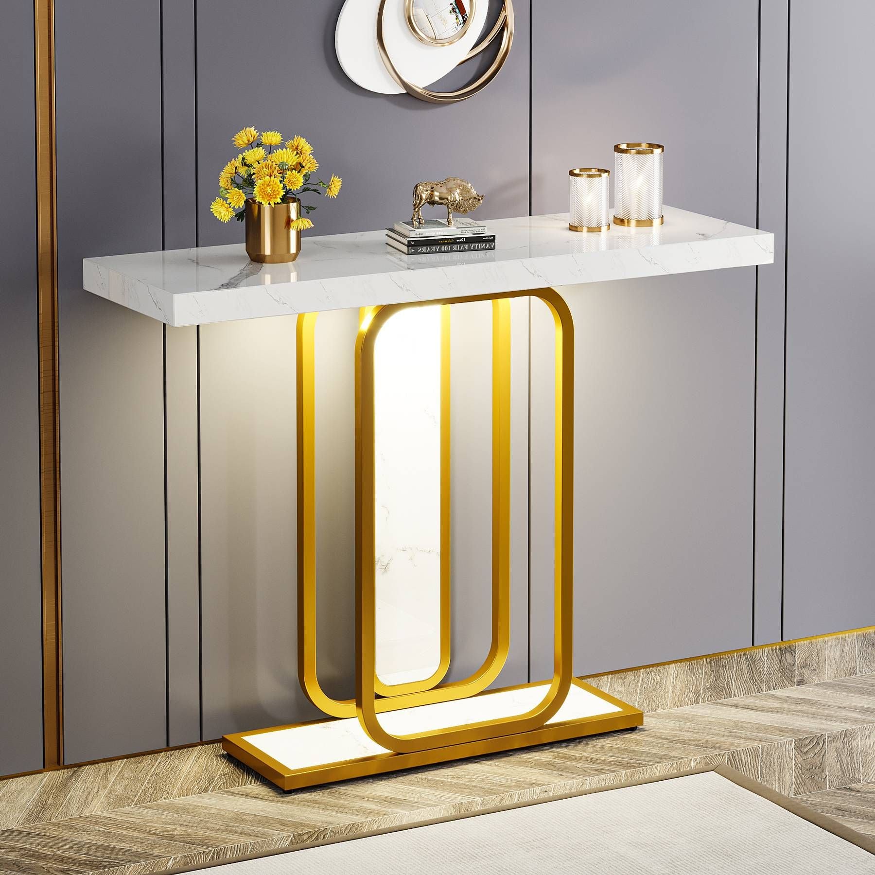 Slickblue Modern LED Console Table with Faux Marble Top and Gold Metal ...
