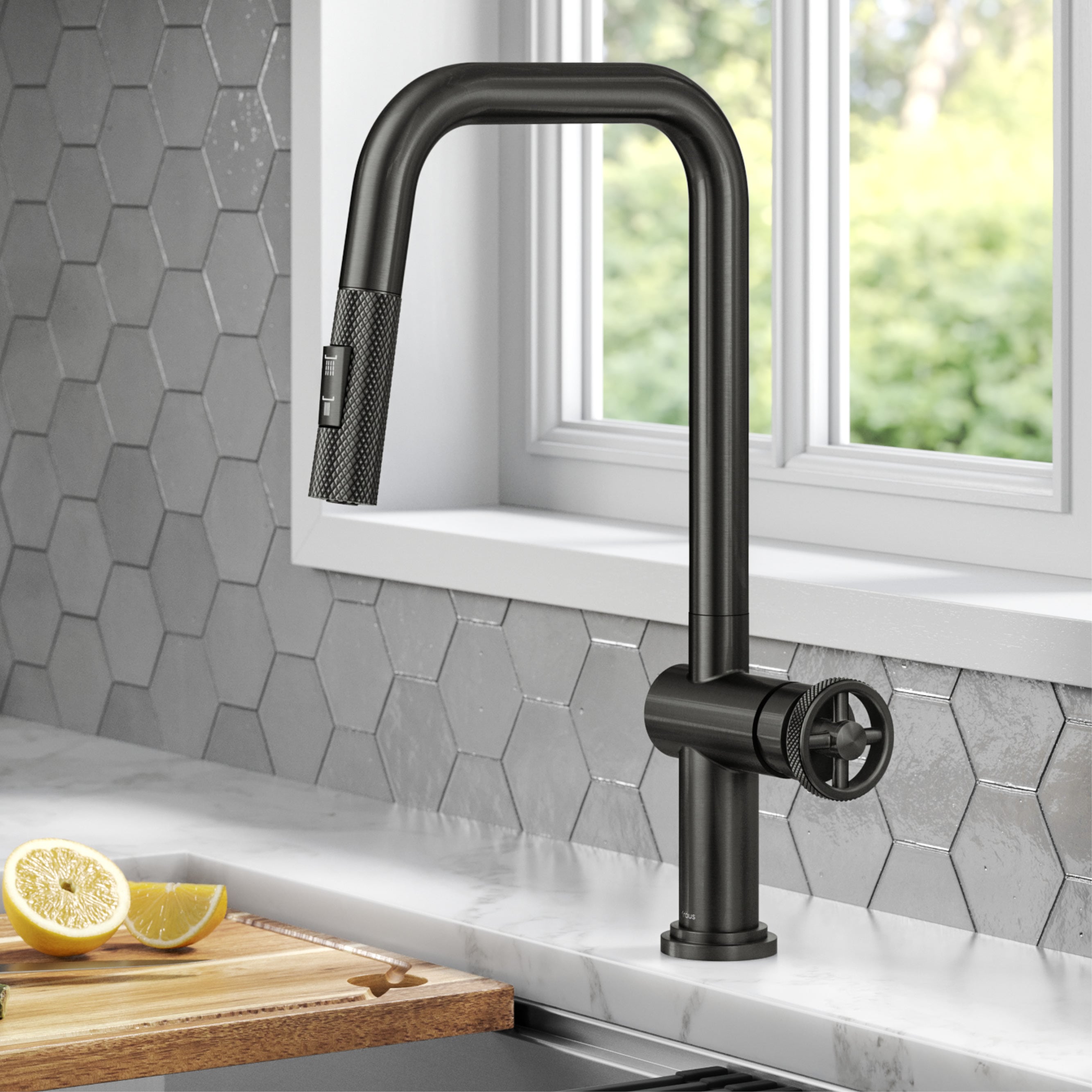 Kraus KPF-3126SB Urbix Black Stainless Steel Single Handle Deck-mount Pull-down Kitchen Faucet with Sprayer